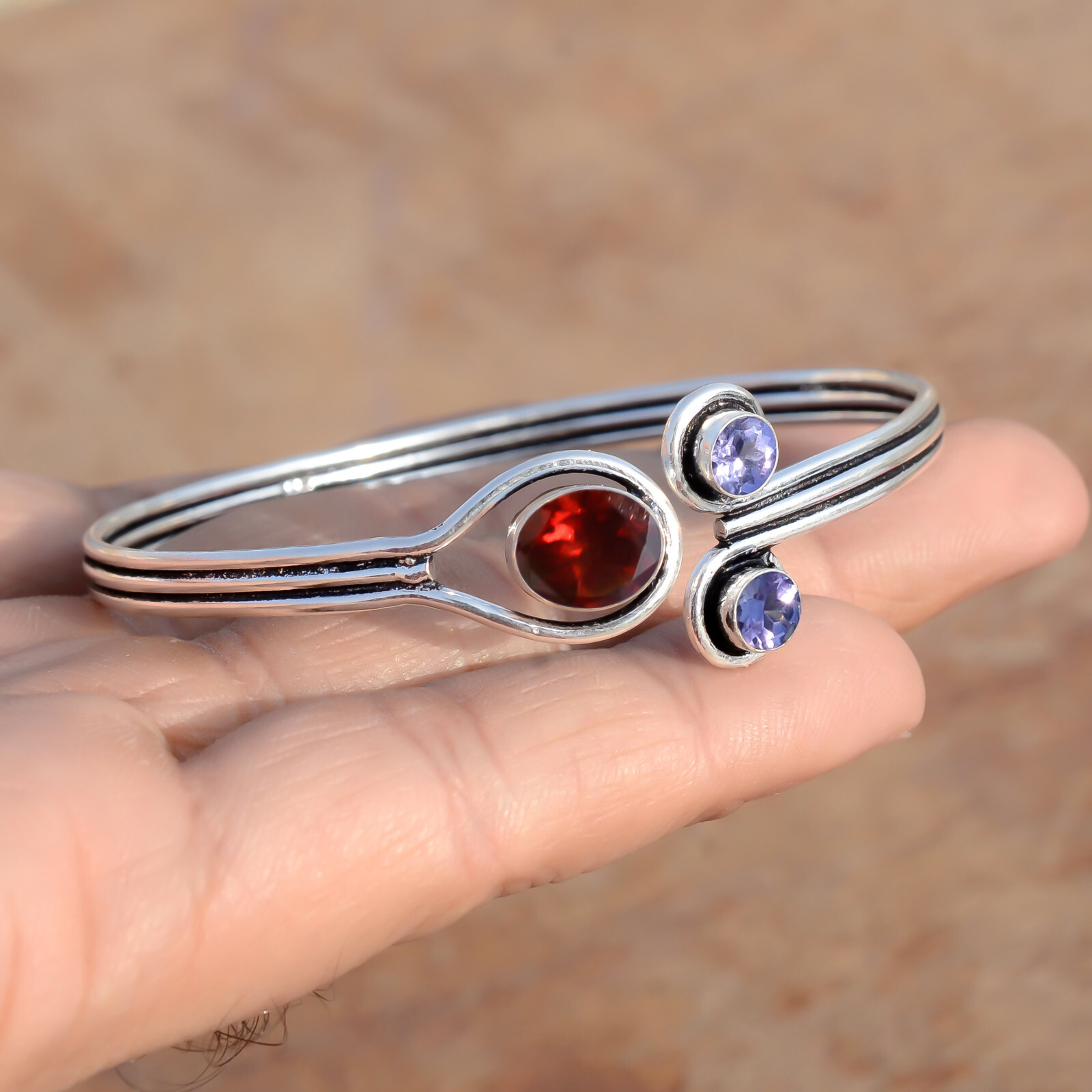 Faceted Garnet & Amethyst Cut Gemstone 925 Sterling Silver Cute Gift Girl Bangle