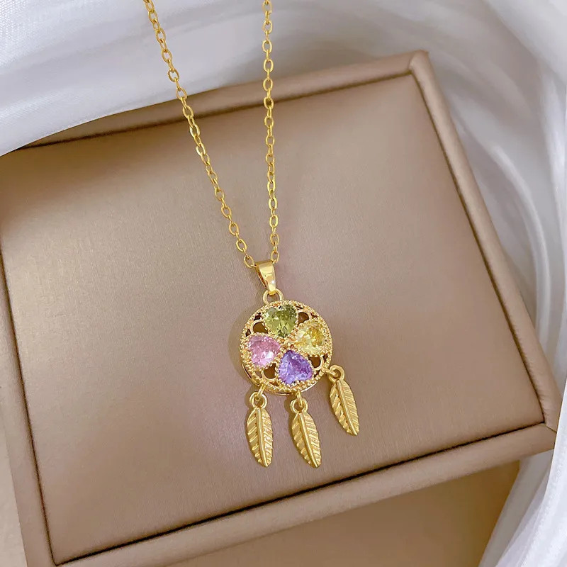 Love Heart Clover Dreamcatcher Necklace Stainless Steel Jewelry