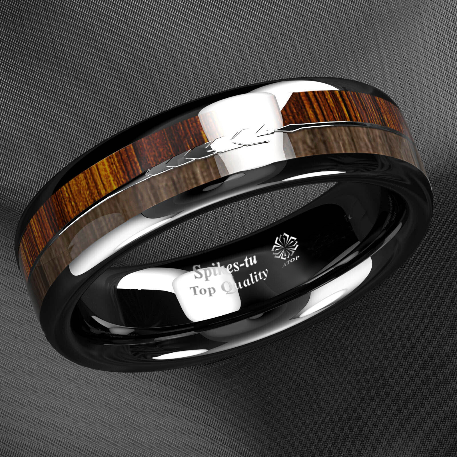 8/6mm Black Dome Tungsten Ring 2 Style Wood Arrow Wedding Band ATOP Men Jewelry