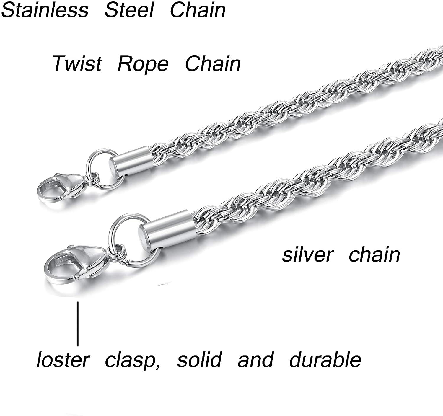 Stainless Steel Silver Rope Chain Bracelet Necklace Men Women 2mm, 3mm, 4mm, 5mm