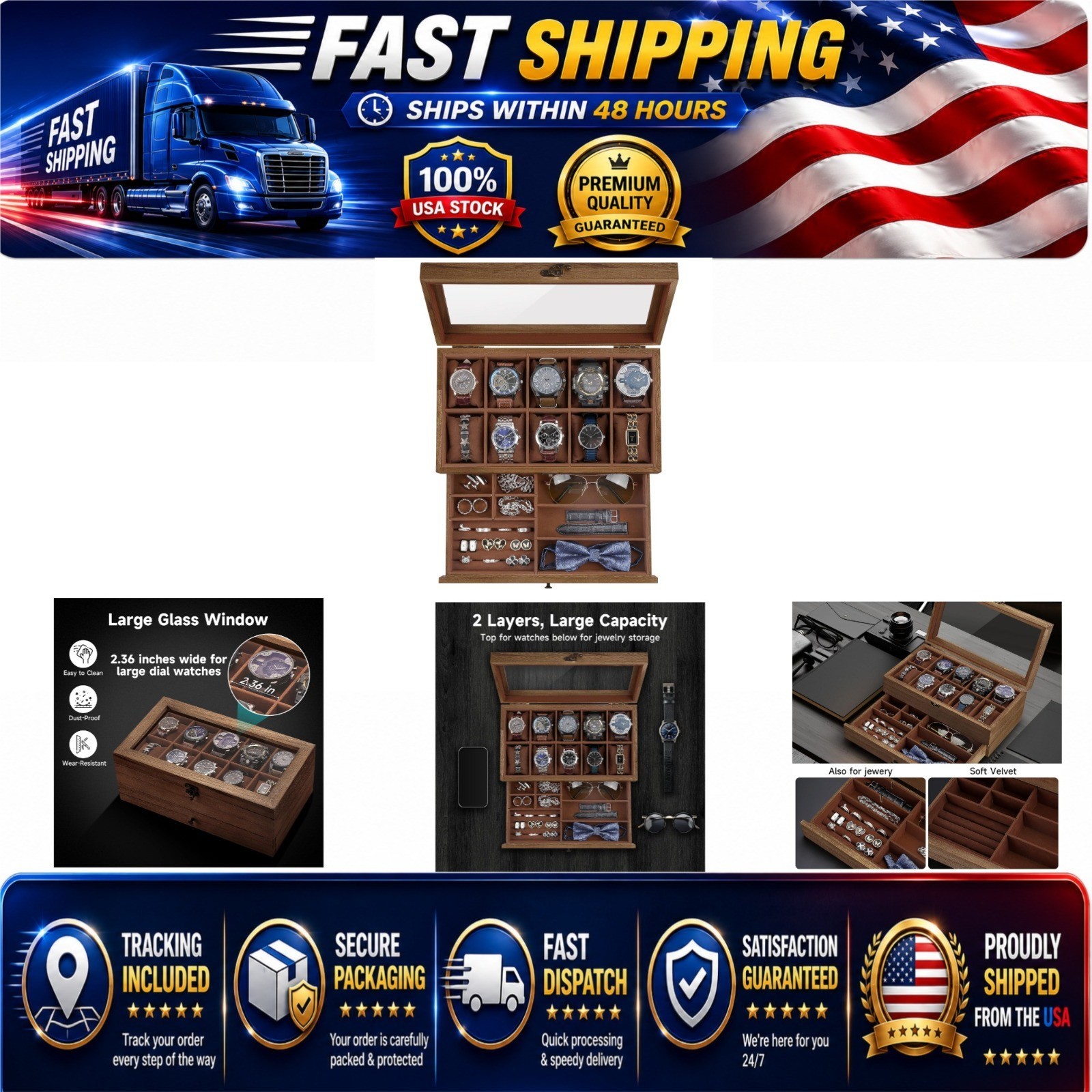 GALHUBIS Watch Box for Large Dial Watches, 10 Slots, Jewelry Organizer