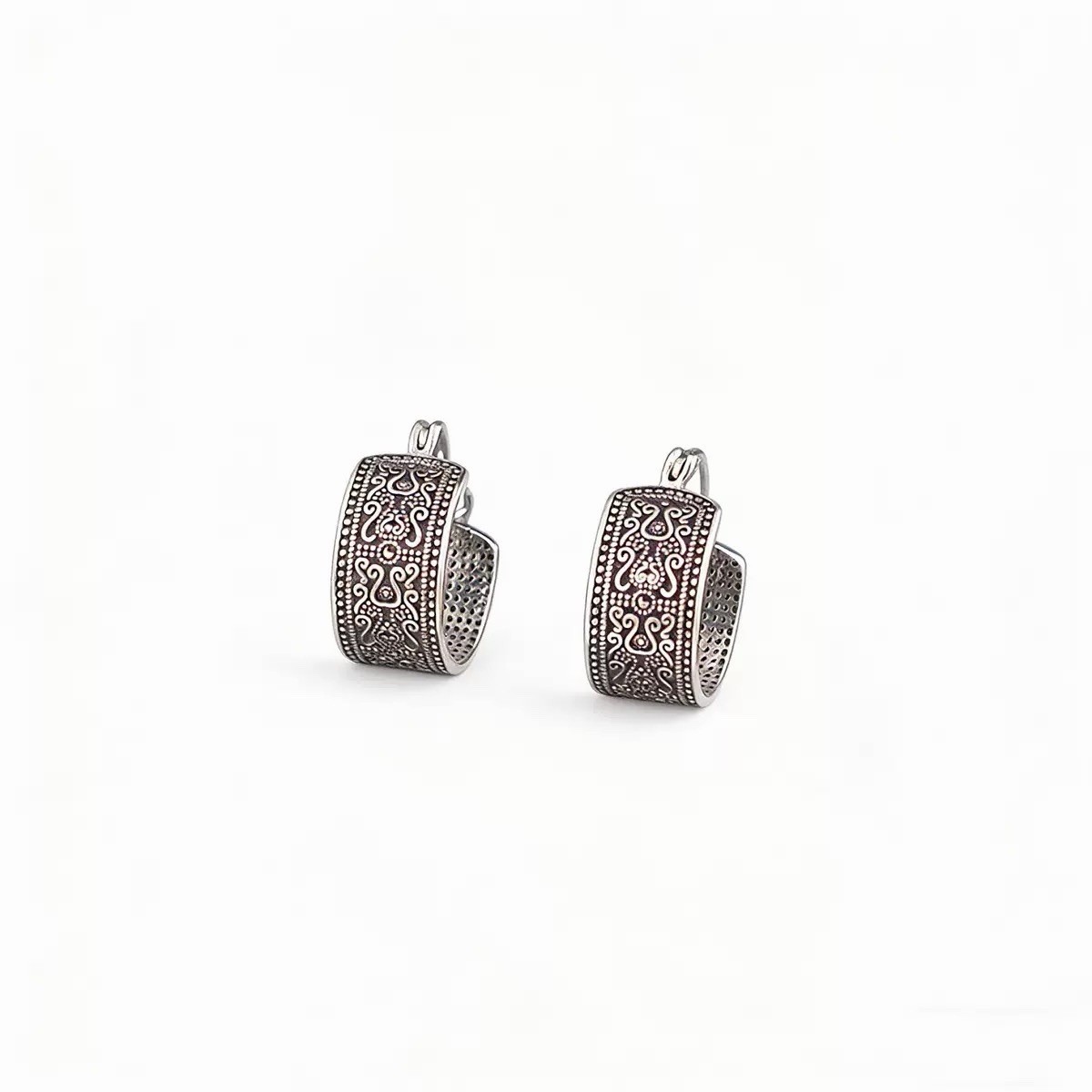 925 Silver Vintage Hoop Earrings Retro Engraved Wide Huggie Hoop Earrings A26