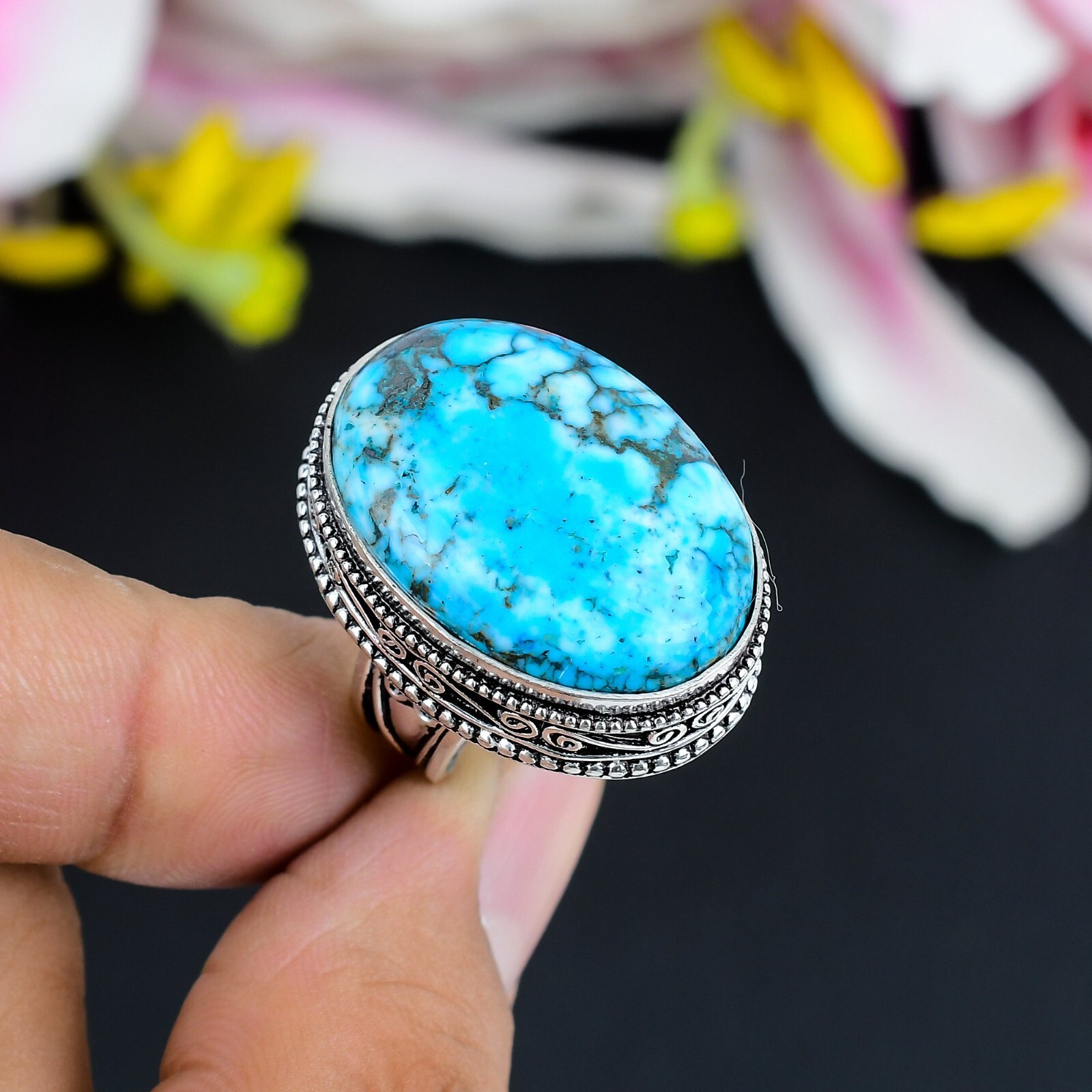 Tibetan Turquoise Gemstone Handmade 925 Sterling Silver Ring Bohemian Jewelry