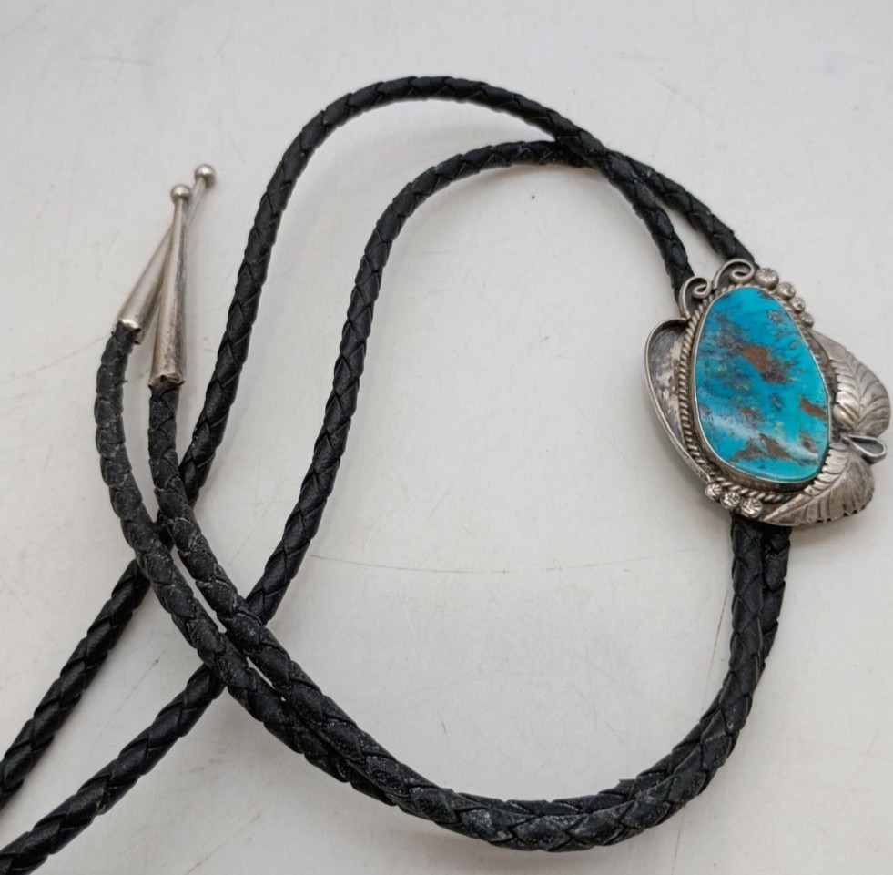 Vintage Sterling Silver Native American Design Turquoise Bolo Tie