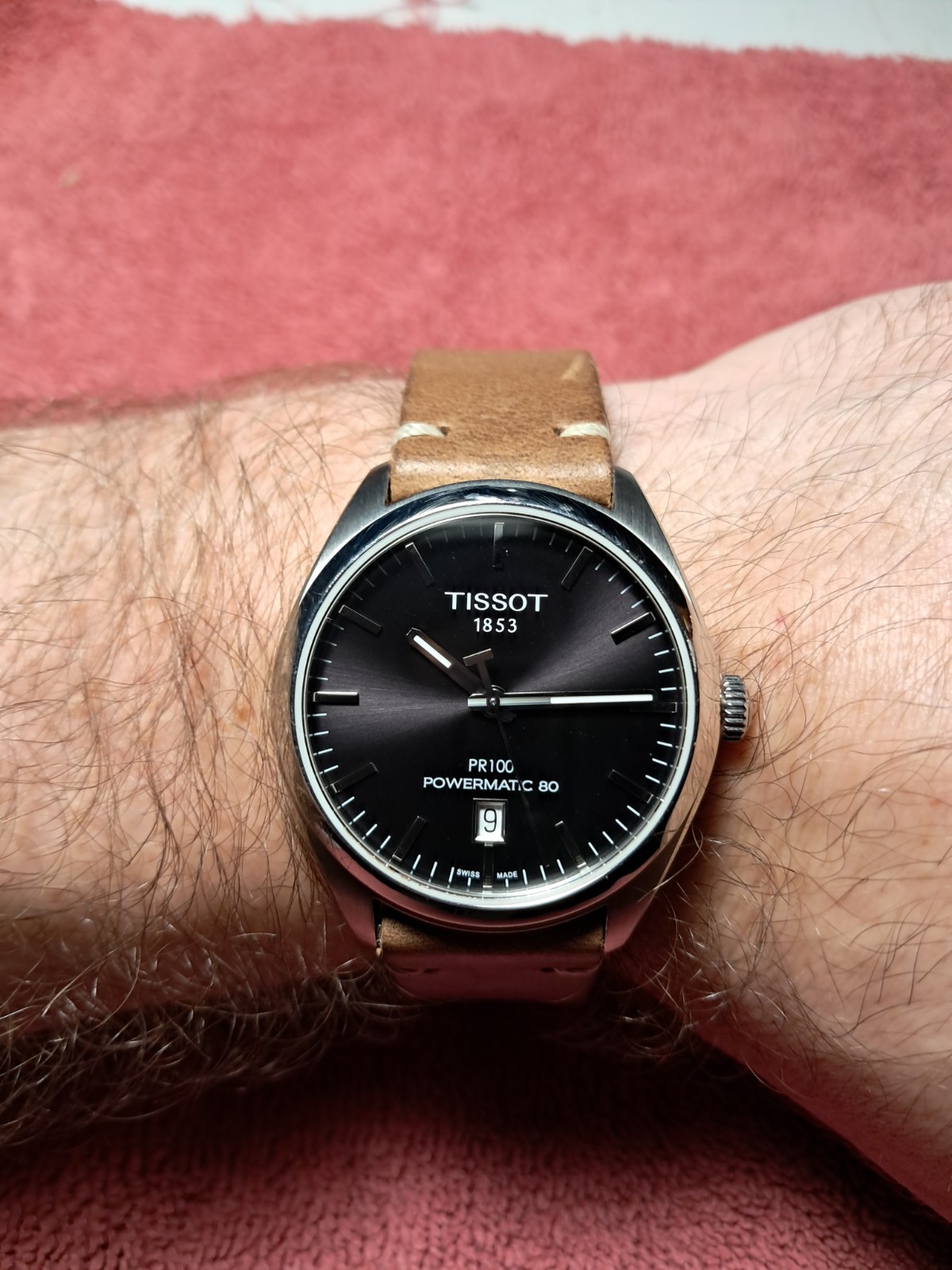 Tissot PR 100 Powermatic 80 Automatic Black Dial Date Brown Leather Watch