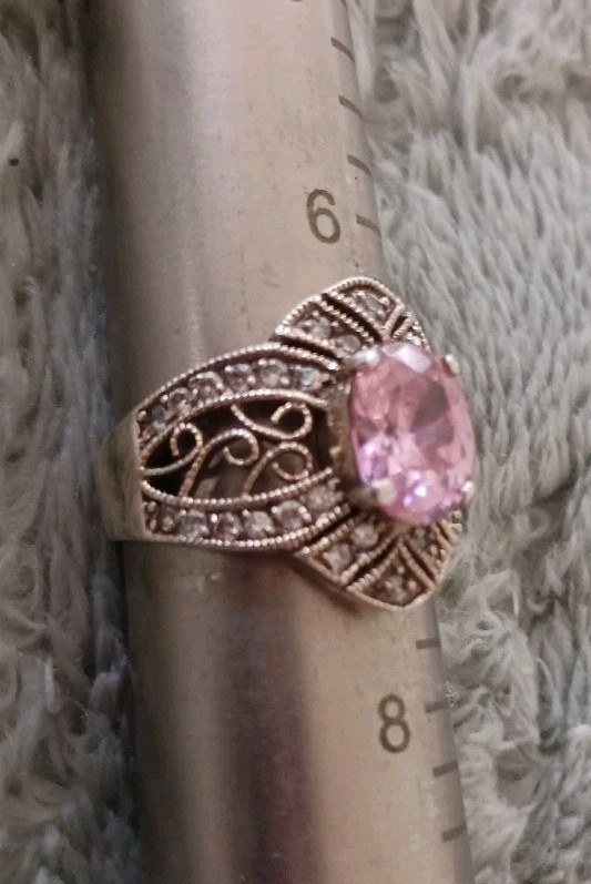 🌸4 Ct Light Cotton Candy Pink & White CZ ? 925 S/S Filigre Ring Sz 7 Marked BBJ