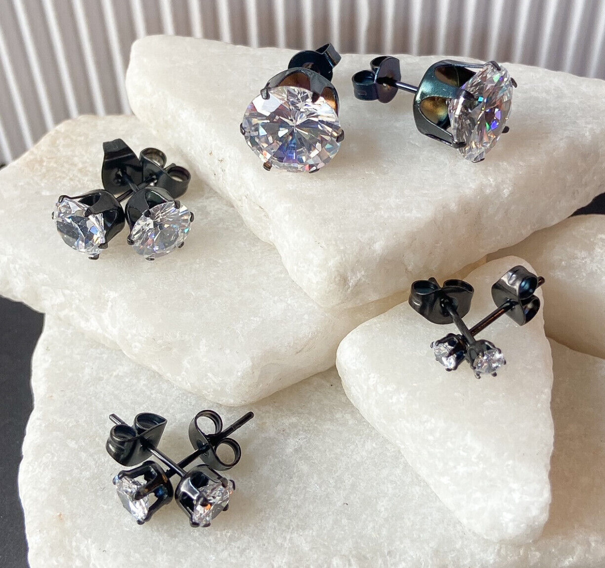 PAIR Black Ion Plated Stud Earrings Prong Set Round Clear Gem 316L Steel