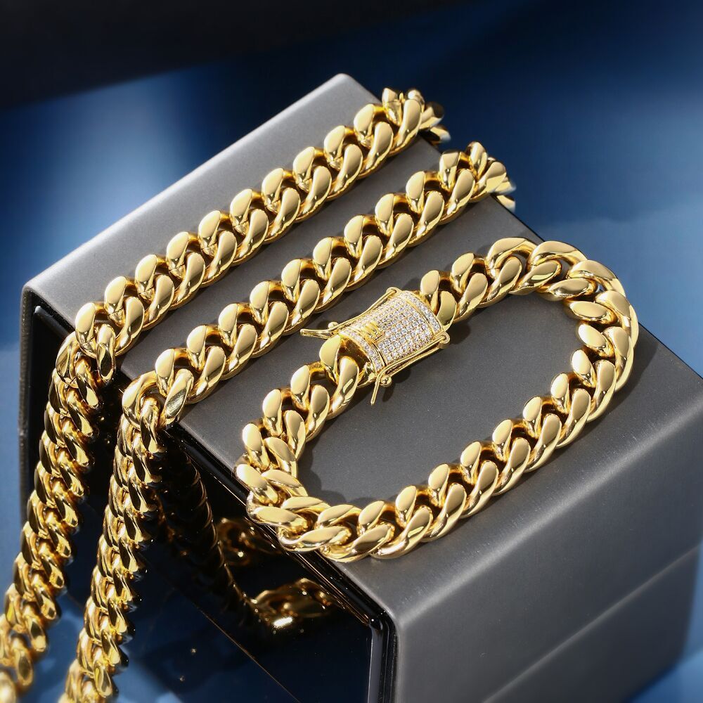 Miami Cuban Link Chain Bracelet Set For Men Solid 316L Stainless Steel 18K Gold