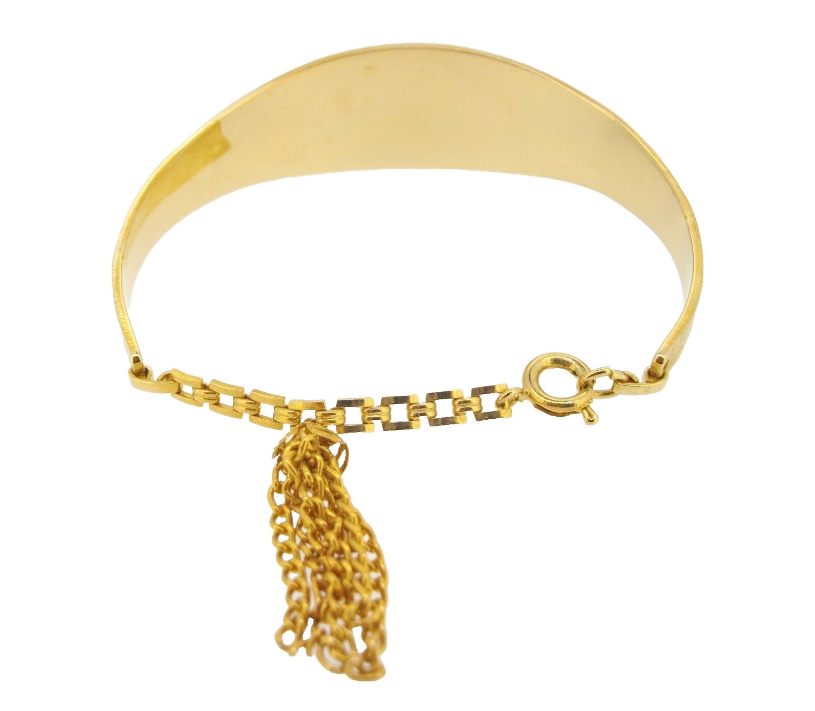 Bracelet JB cuff goldtone ID identification with chain and tassel dangle