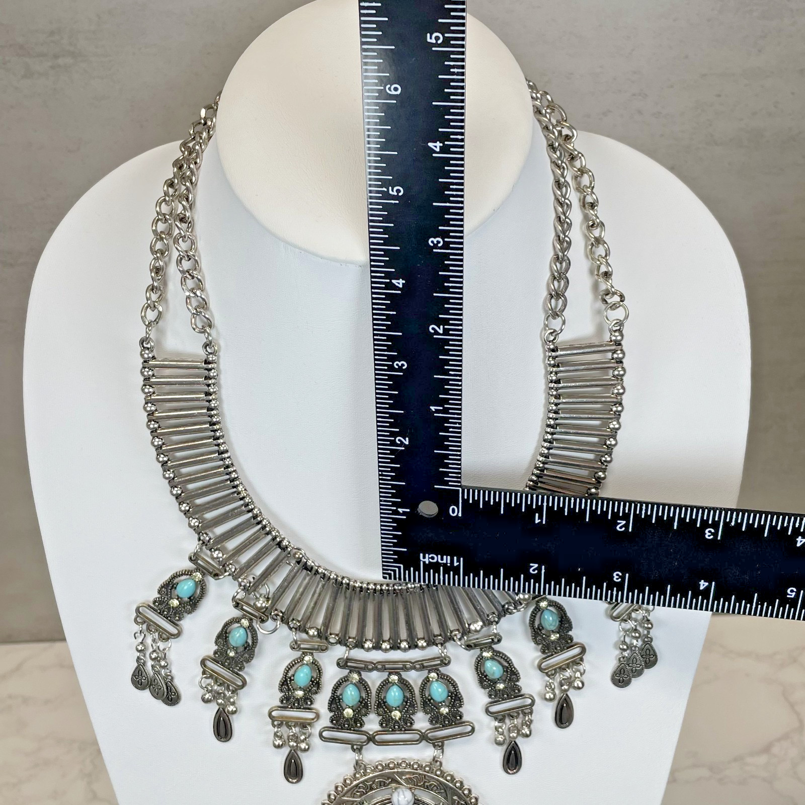 Silver Tone Faux Turquoise Matrix Statement Necklace Feather Bead Southwestern