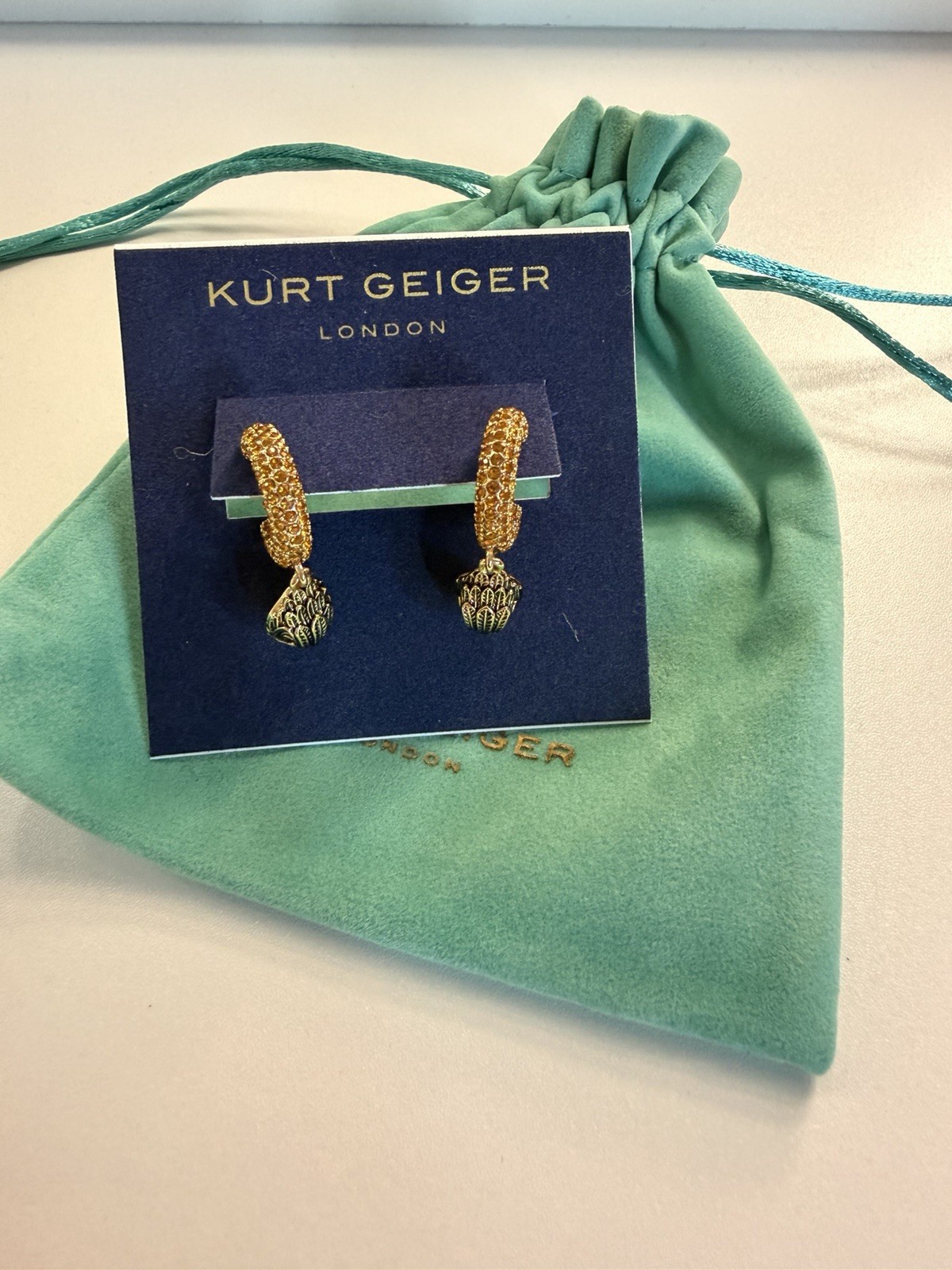 Kurt Geiger Gold Tone Pavé Crystal Hoop Dangle Earrings Snap Closure