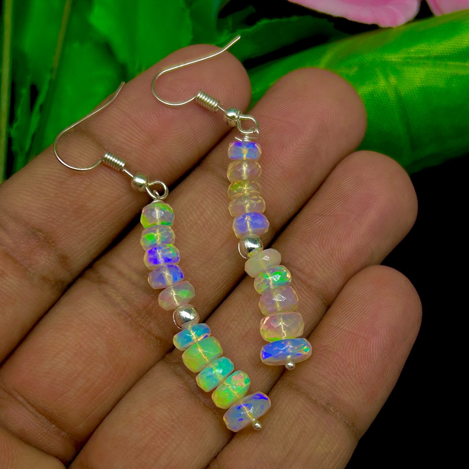 Natural Opal Faceted Bead and Dangle Earrings, Multifire Opal Gemstone Bead