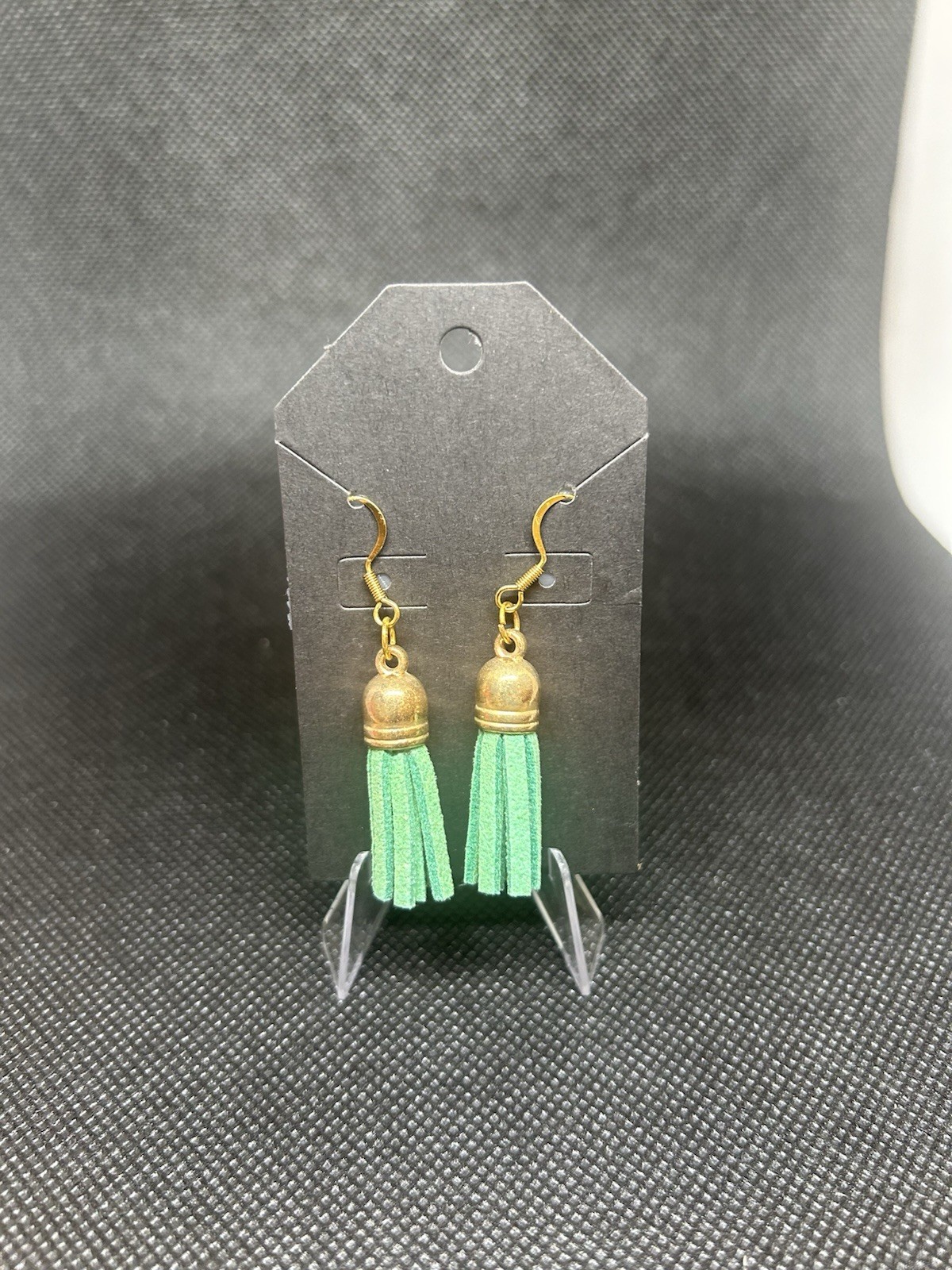 Green Tassel Dangle Drop Earrings Gold Tone Metal Hook Closure No Stone