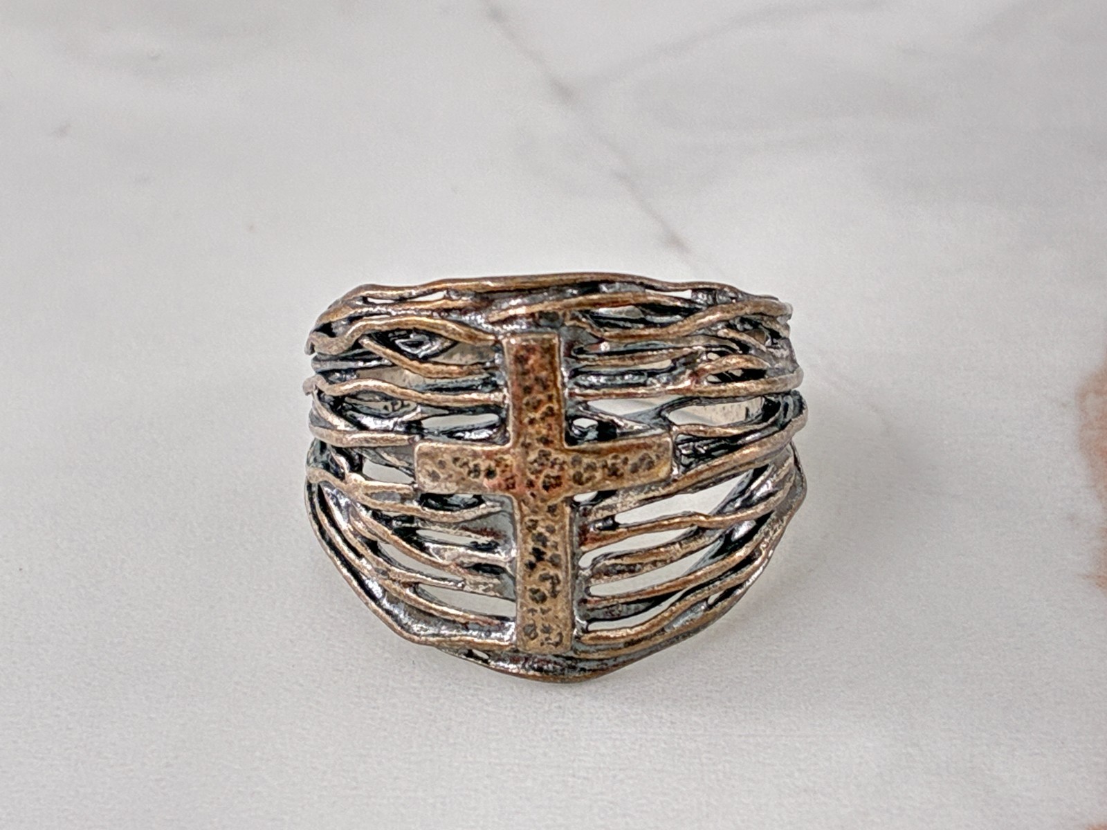 Or Paz Sterling Silver Two Tone Cross Ring 9 Wide Band Wire Vine Weave Wrap Rare
