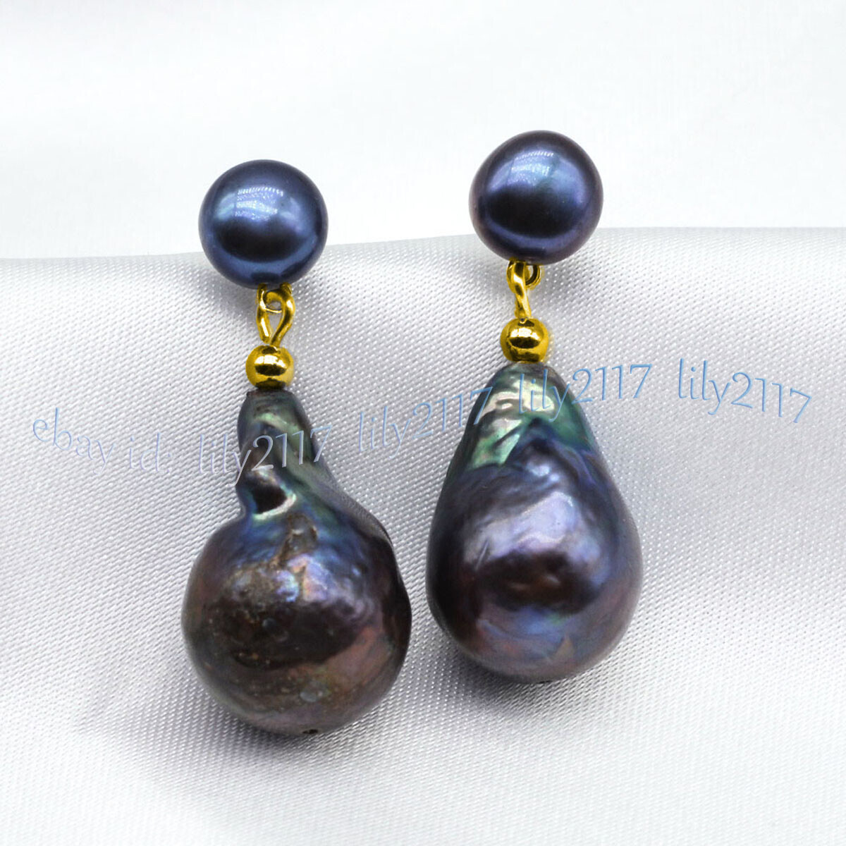 Huge 16-20mm Real Natural Black Keshi Baroque Pearl Dangle Gold Stud Earrings