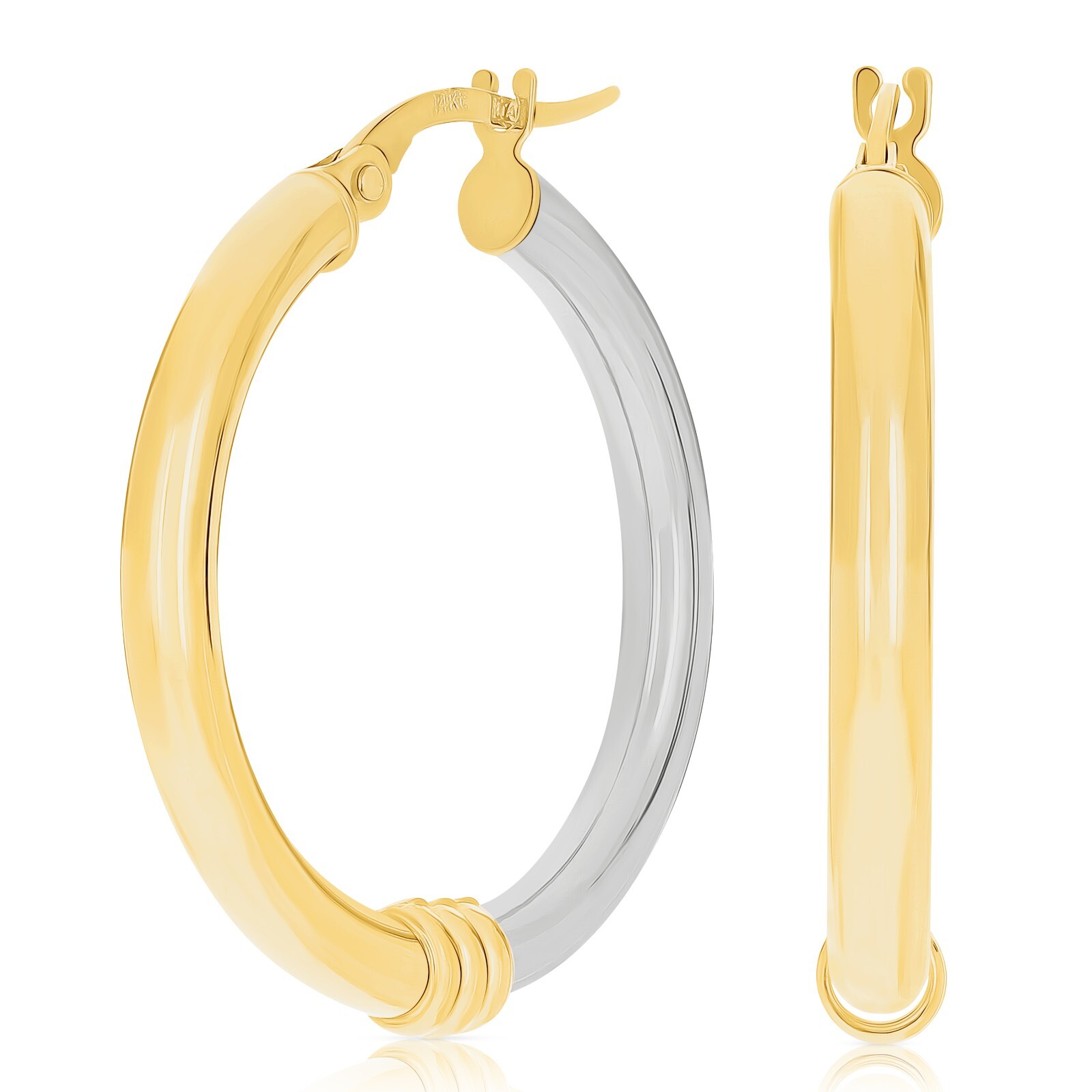 Italian 14k Yellow & White Gold Polished Medium Hollow Hoop Earrings 1.1″ 2.5g
