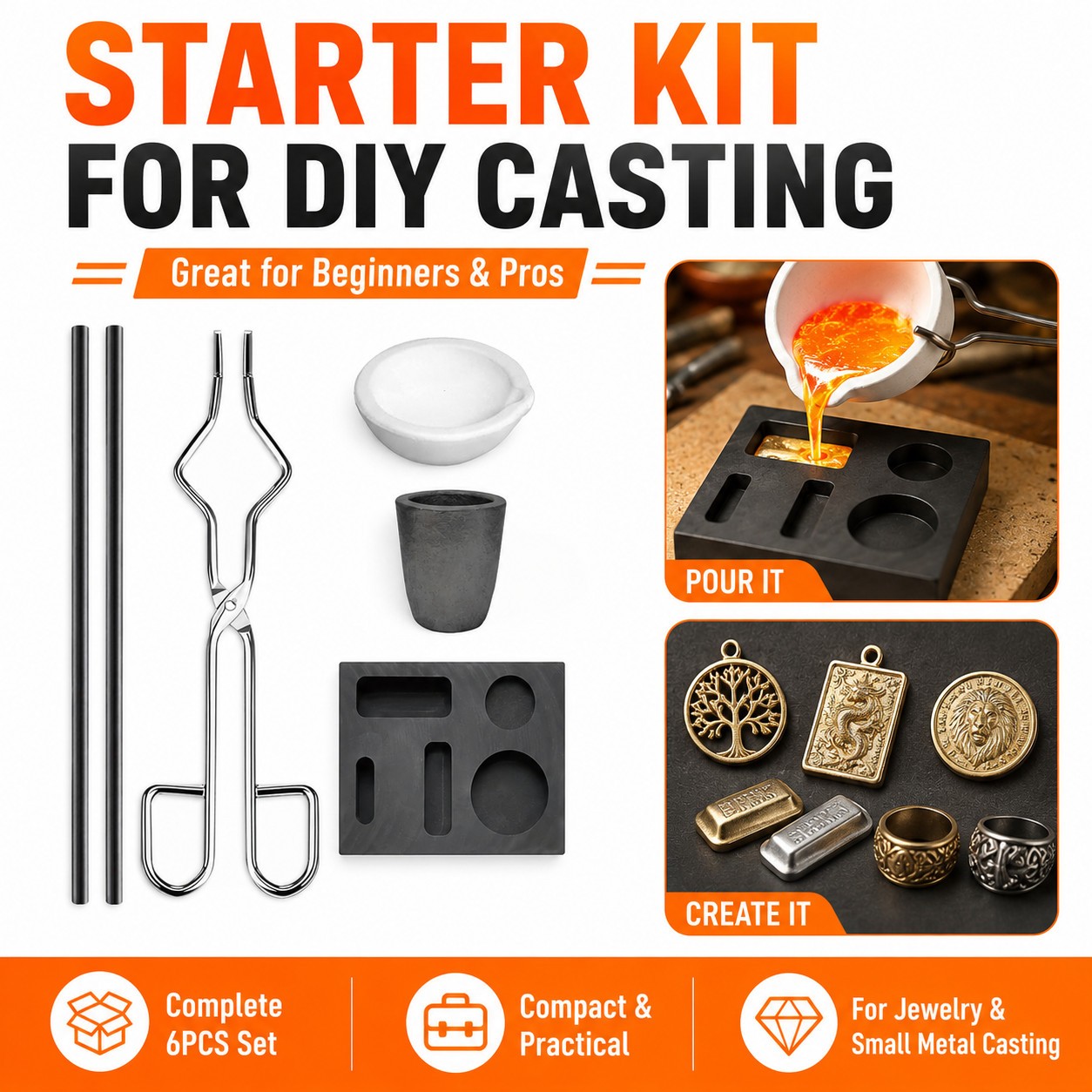 6Pack Graphite Ingot Mold Crucible Torch Melting Kit Gold Silver Copper Set Tool