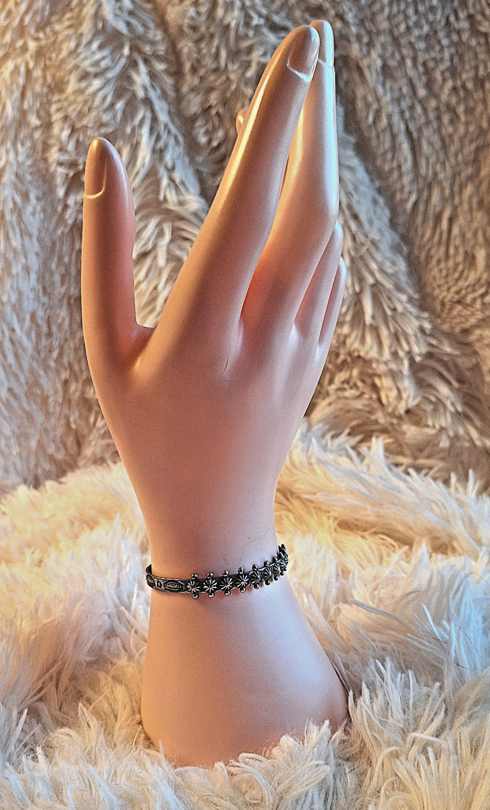 Vintage Small ‘Sanford’ Native American Silvertone Cuff Bracelet Sancrest