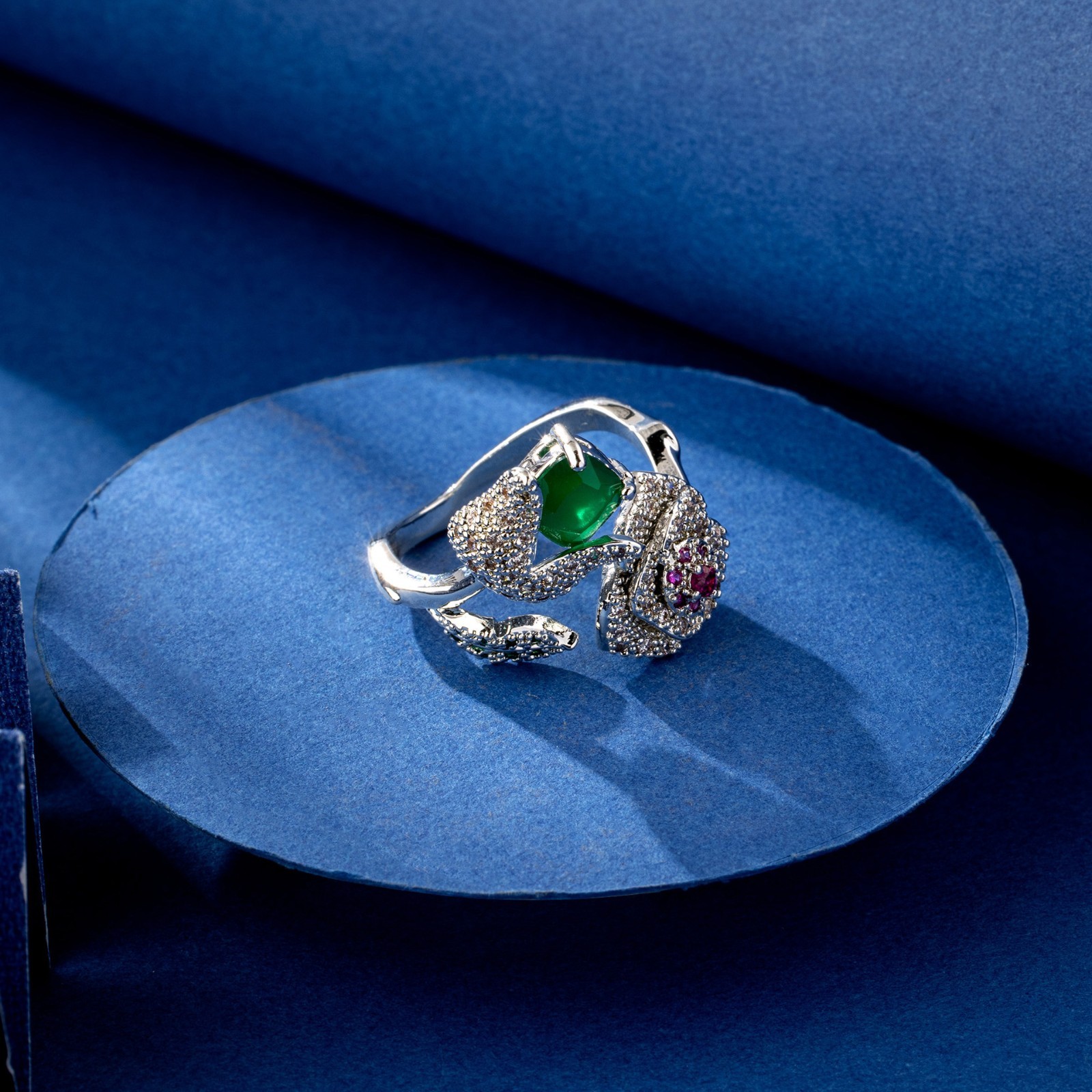 925 Silver Plated Women’s Elegant Adjustable 3D Rose Ring Inlaid Zircon Ring