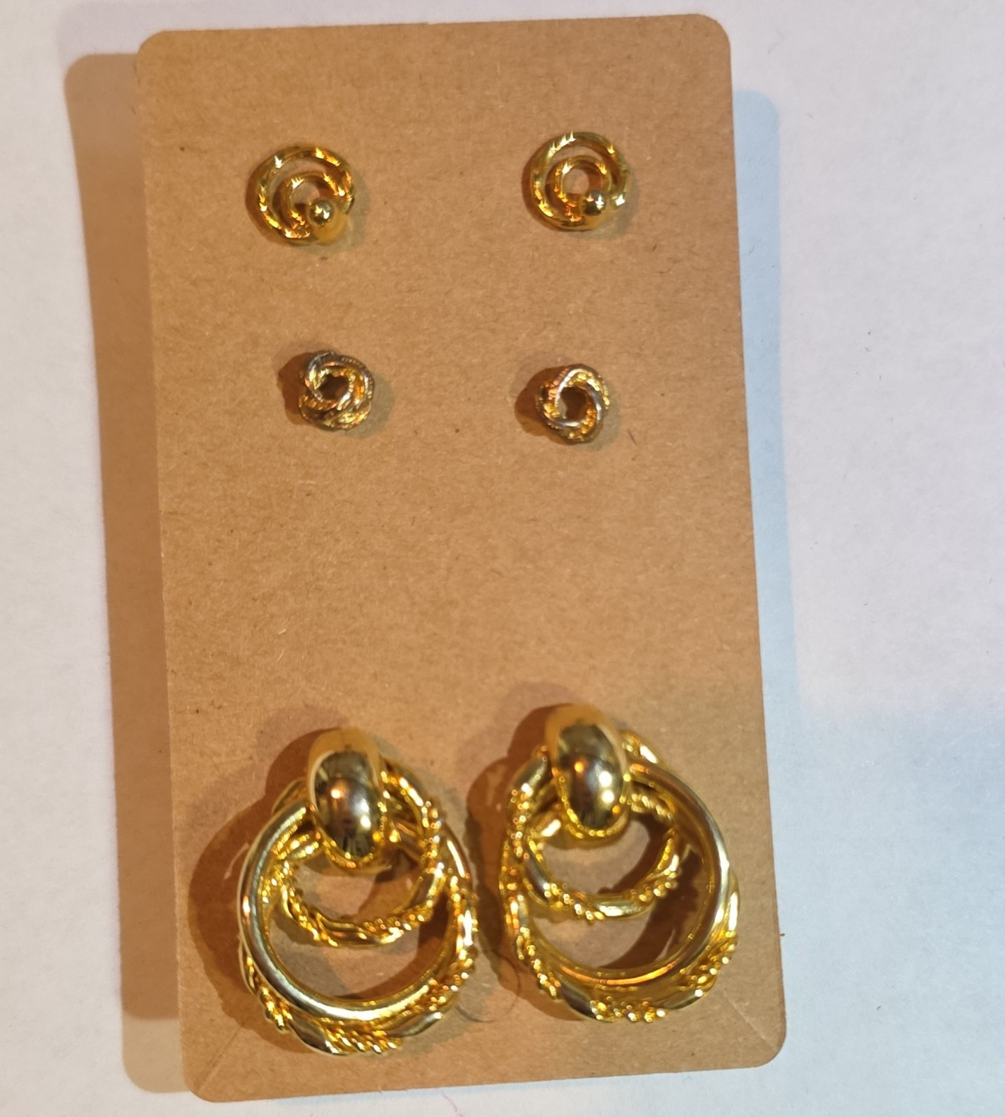 Vintage Gold Tone Metal Earrings Lot 3 Pairs Stud & Dangle Post Round No Stone