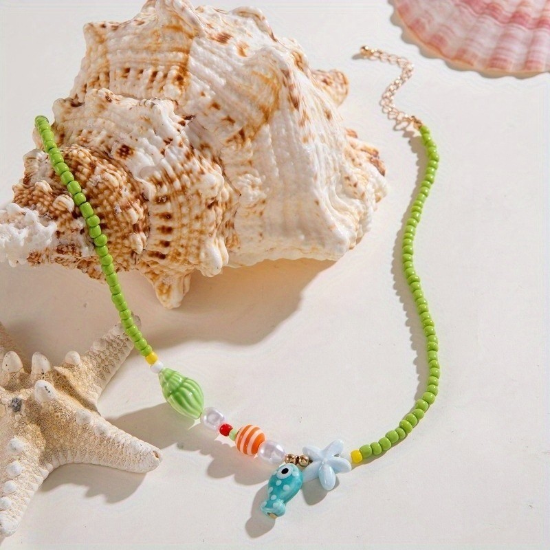 Bohemian Little Fish Ceramic Pendant Green Beaded Necklace New Women’s Jewelry