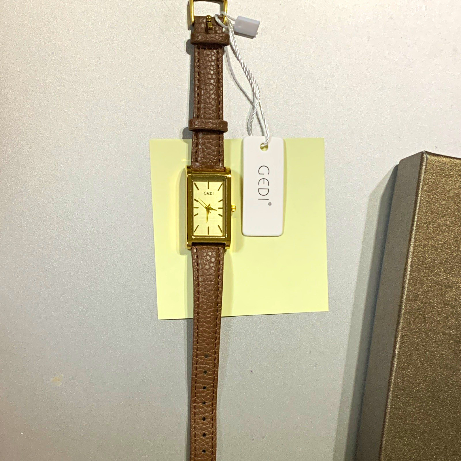 GEDI Women’s Rectangular Gold Tone Silver Dial Quartz Watch Brown Leather Strap