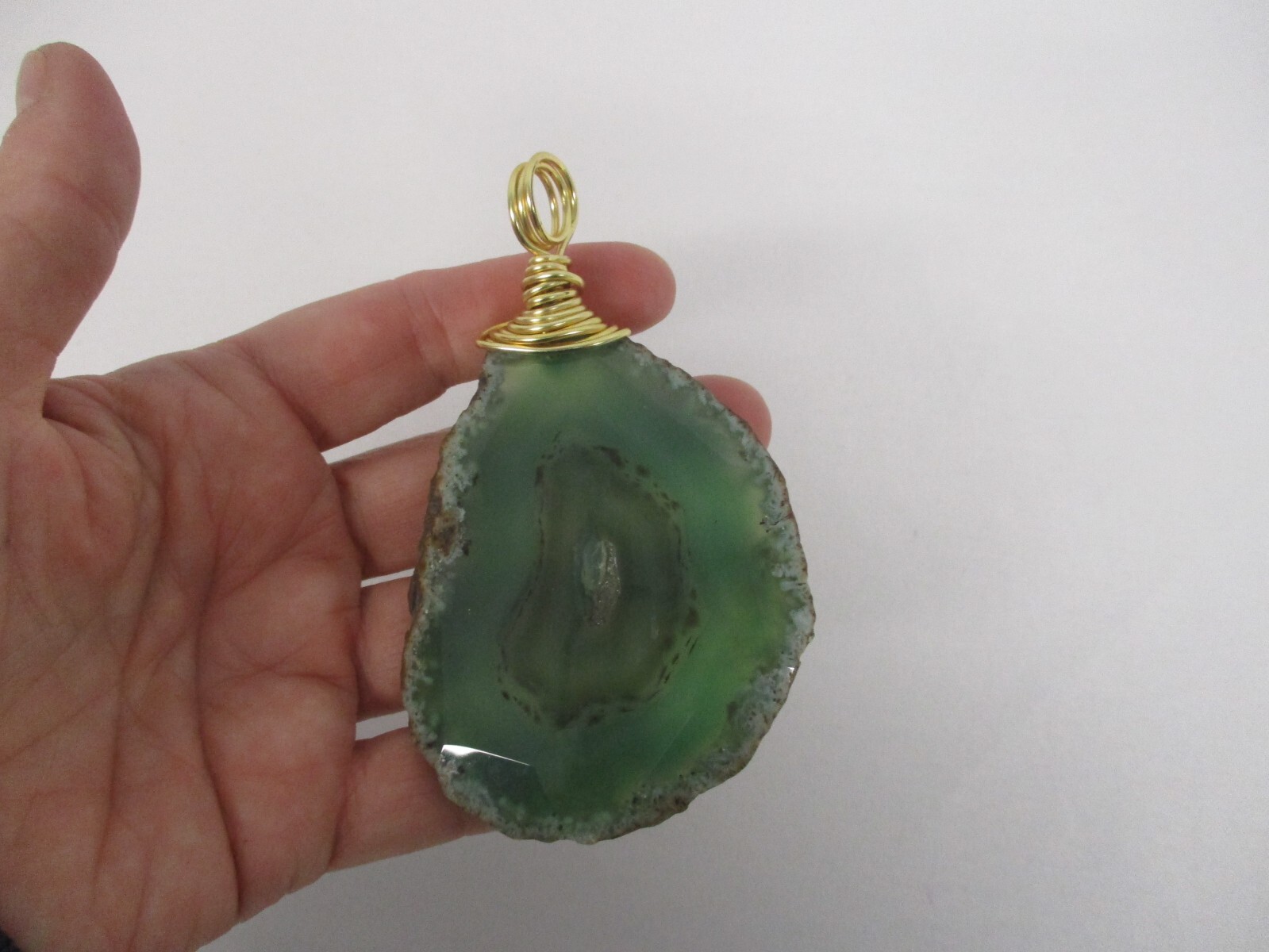 LARGE ARTISAN HAND MADE POLISHED GREEN GEMSTONE PENDANT with CRYSTALS 3 3/4″