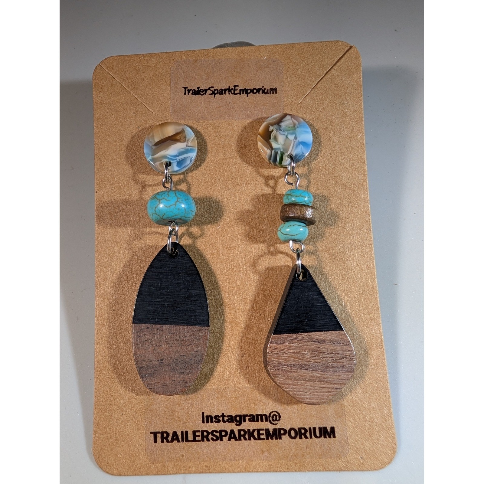 TrailerSparkEmporium Wood Resin Turquoise Dangle Earrings Boho Nickel Free NEW
