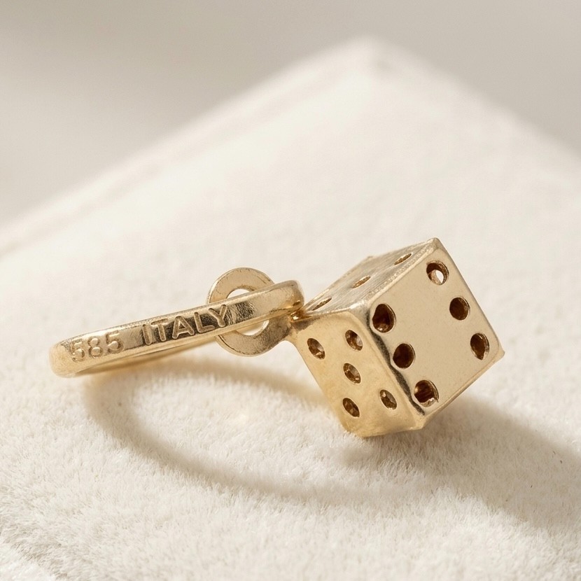 14k Yellow Gold Miniature Dice Charm Pendant Tiny 3D 4mm Lucky Die Italy 585