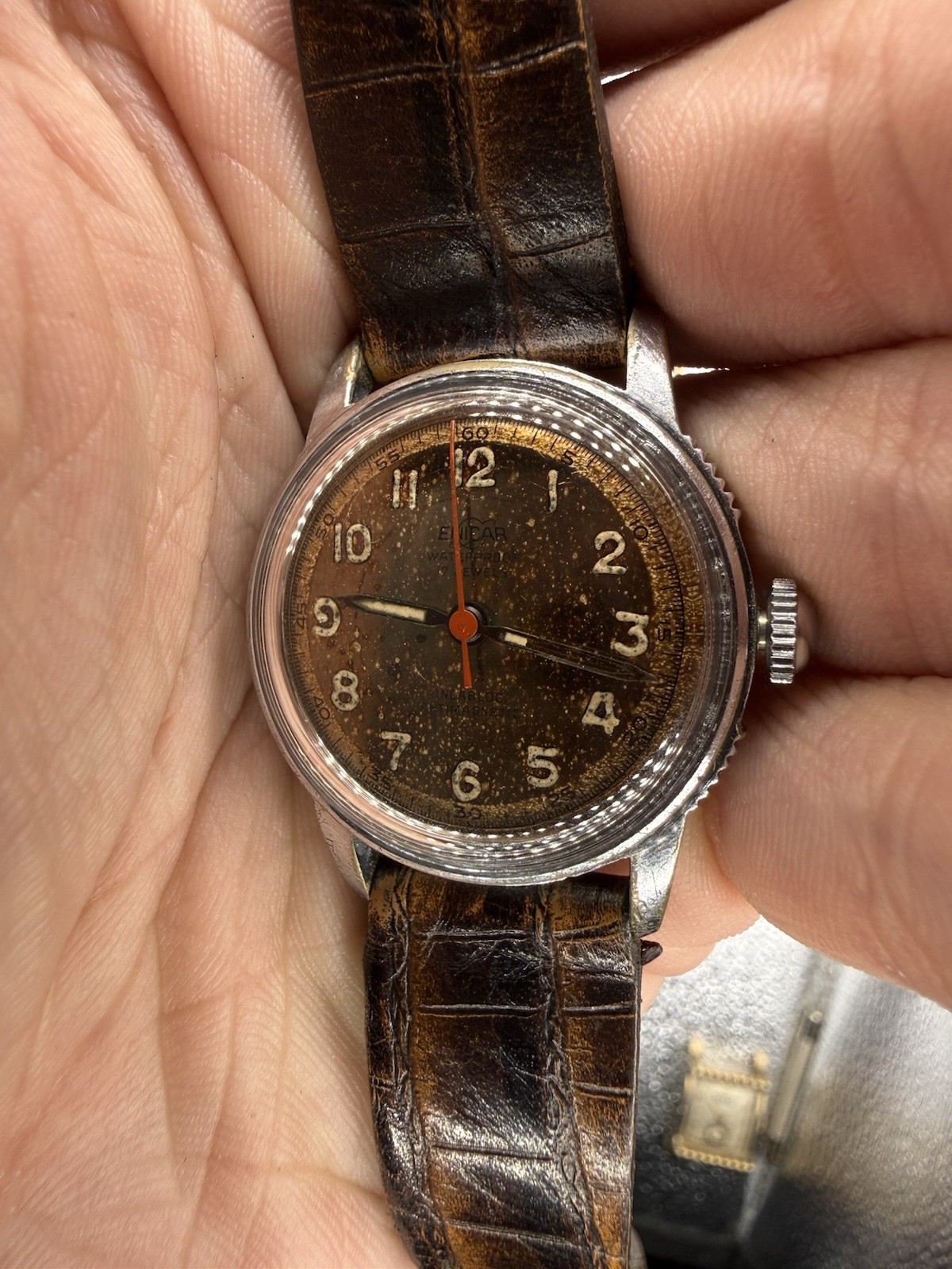 Enicar Waterproof Swiss Made Manual Wind Brown Dial Ribbed Case Leather Strap