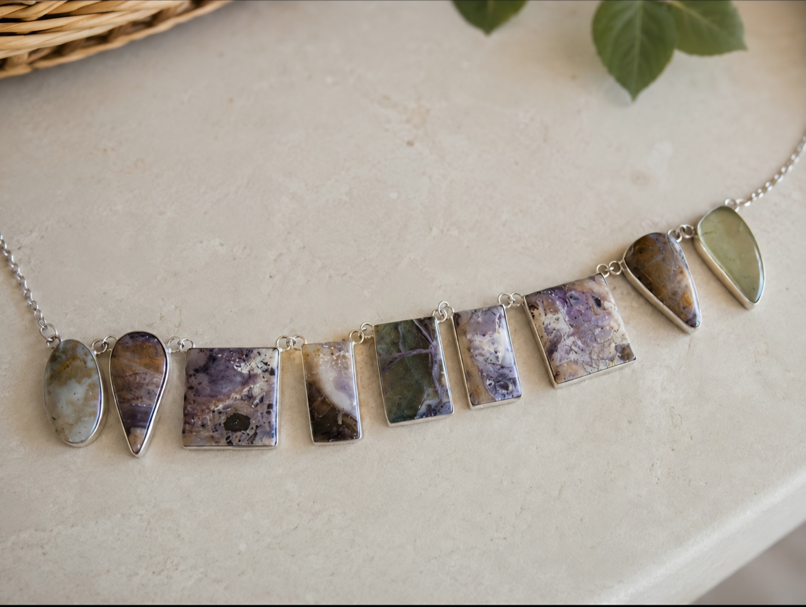 Artisan Multi Gemstone Sterling Silver Necklace Geometric Purple Fluoride