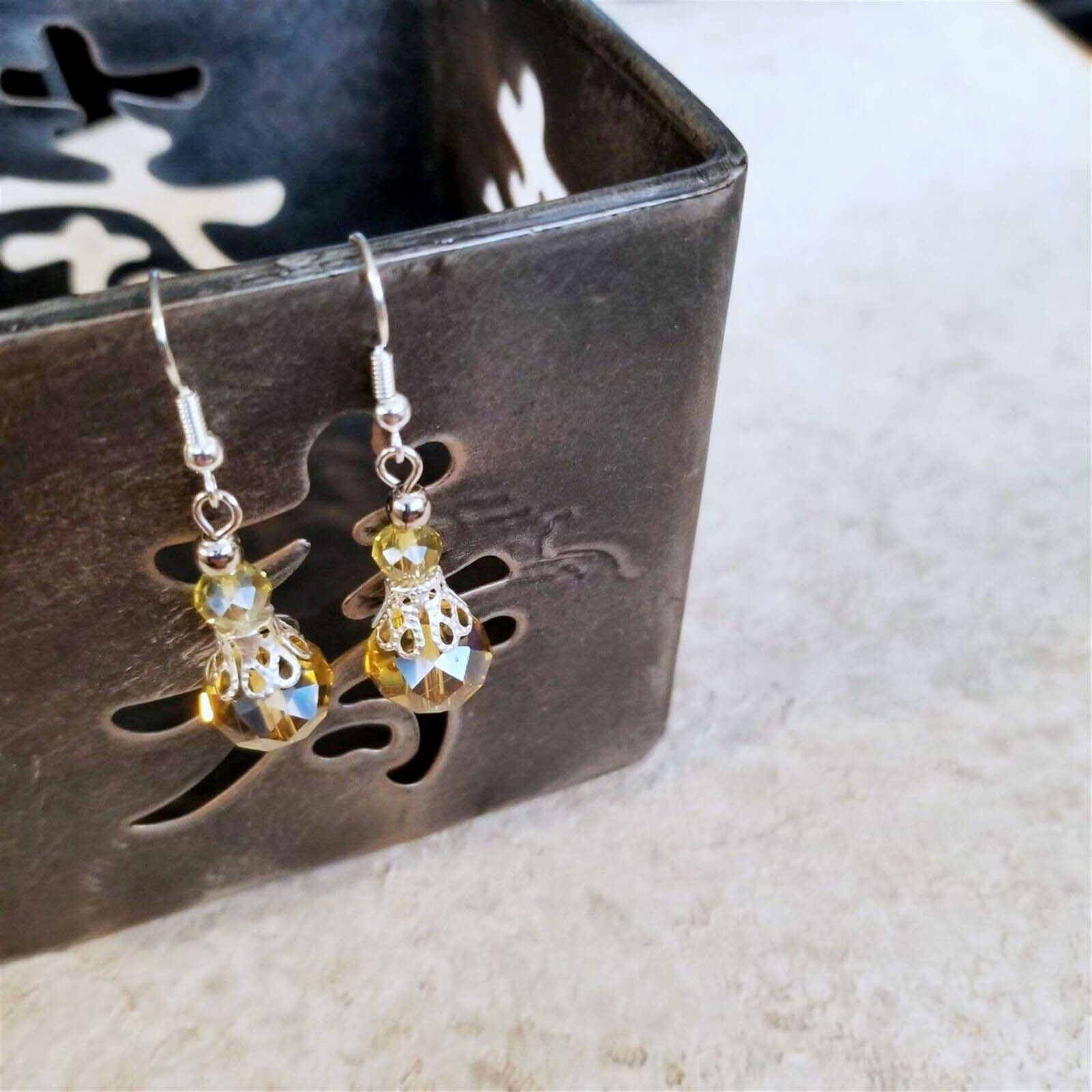 Victorian Champagne Crystal Silver Filigree Basket Handcrafted Earrings