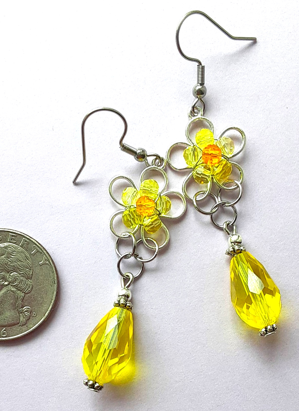 YELLOW CRYSTAL DAISY teardrop DANGLE earring FISH HOOK handmade XAG