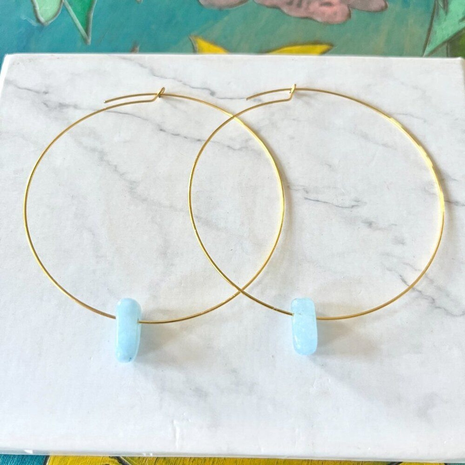 Gold Memory Wire Delicate Hoop Earrings with Blue Crystal Accent