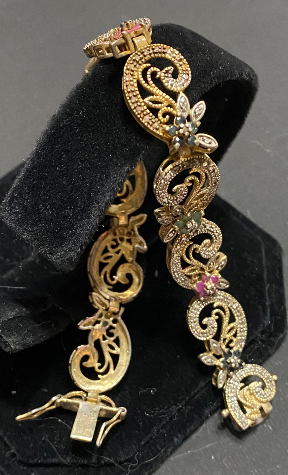 Vintage 925 Sterling Silver Gold Plated Filigree Gemstone Bracelet 7.5″ TDL
