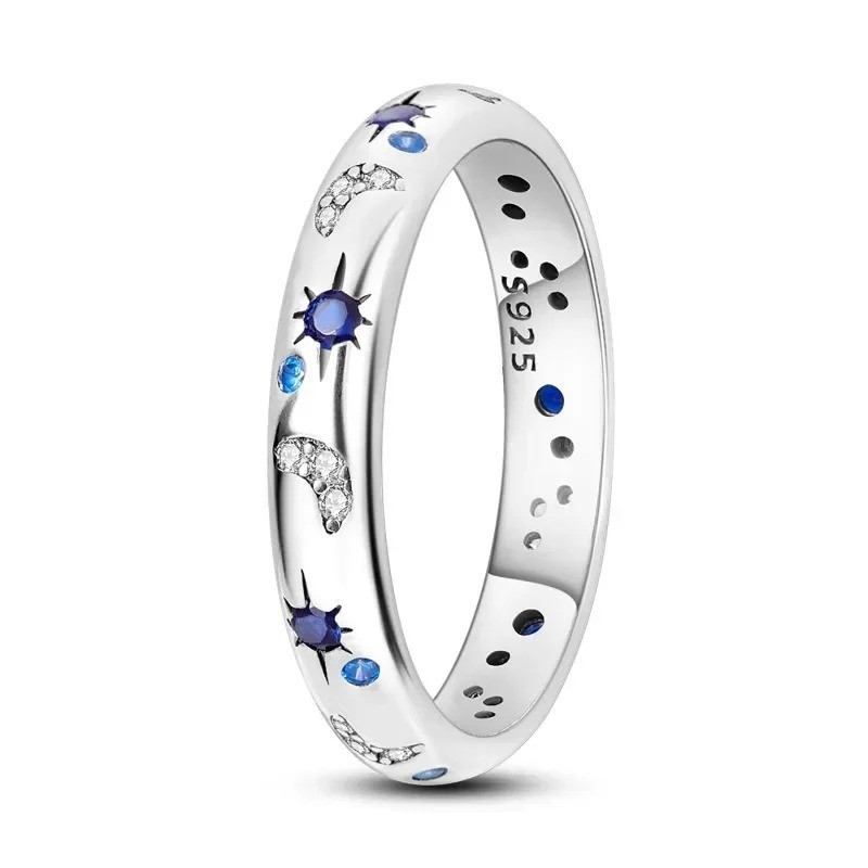 New Celestial Blue Crystal Moon Sun Star Ring Women Elegant Stackable Jewelry