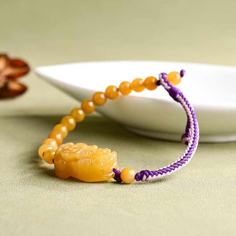 Real Grade A 100% Natural Yellow Jade Lucky PixiuBeads Bracelet 5.9-7.9inch