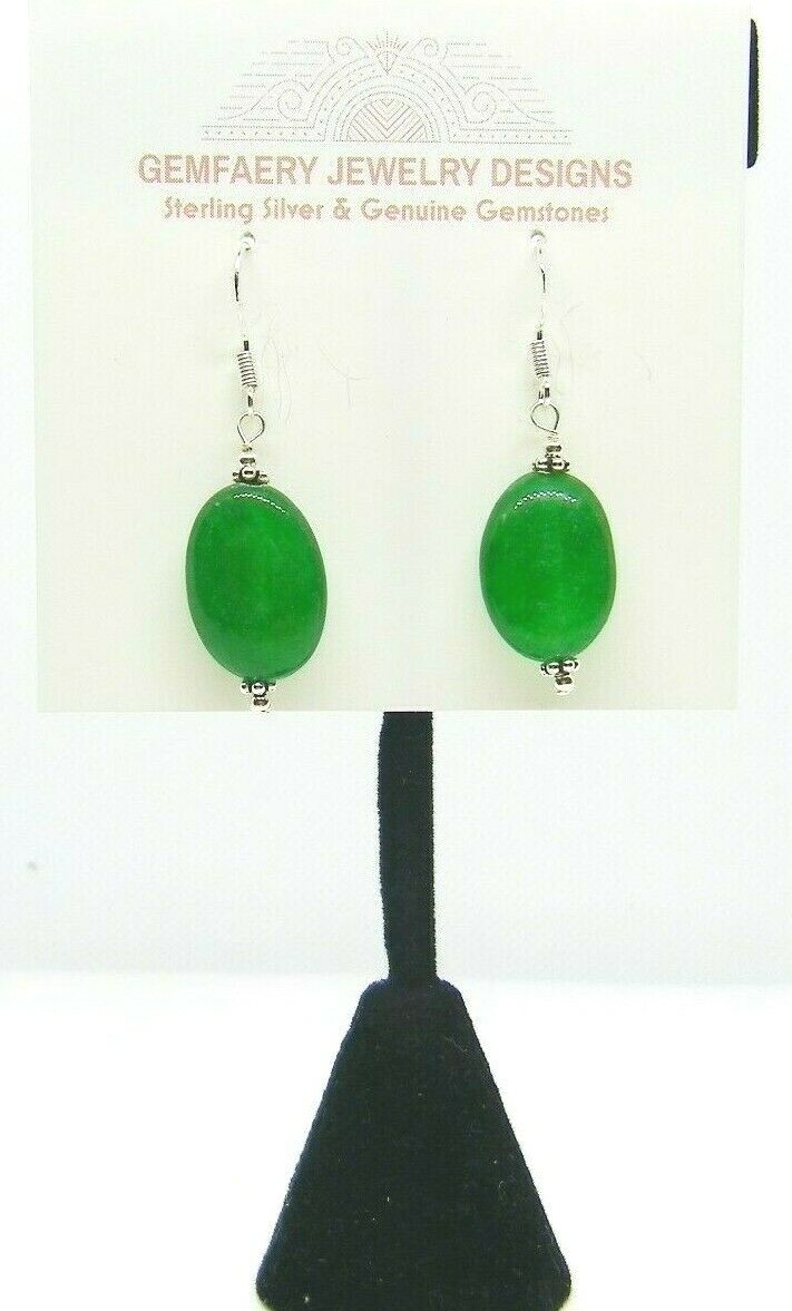 Sterling Silver Natural GREEN JADE Gemstone Dangle Earrings #2342…Handmade USA