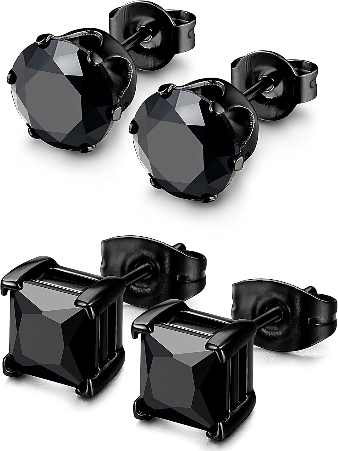 2Pairs Hypoallergenic Black Stud Earrings for Men Women 316L Stainless Steel Squ