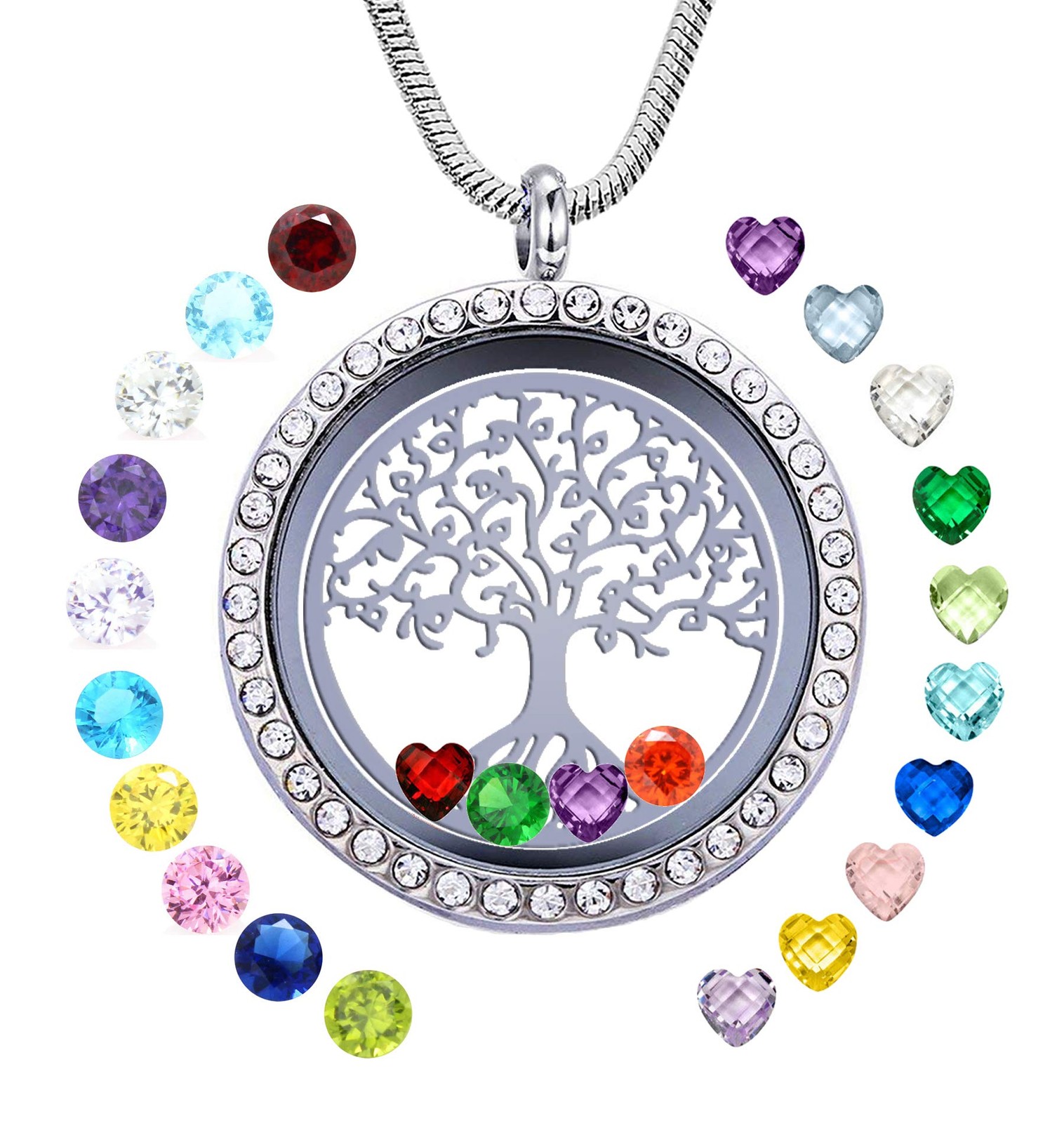 Family Tree of Life Birthstones Floating Locket Grandma Necklace