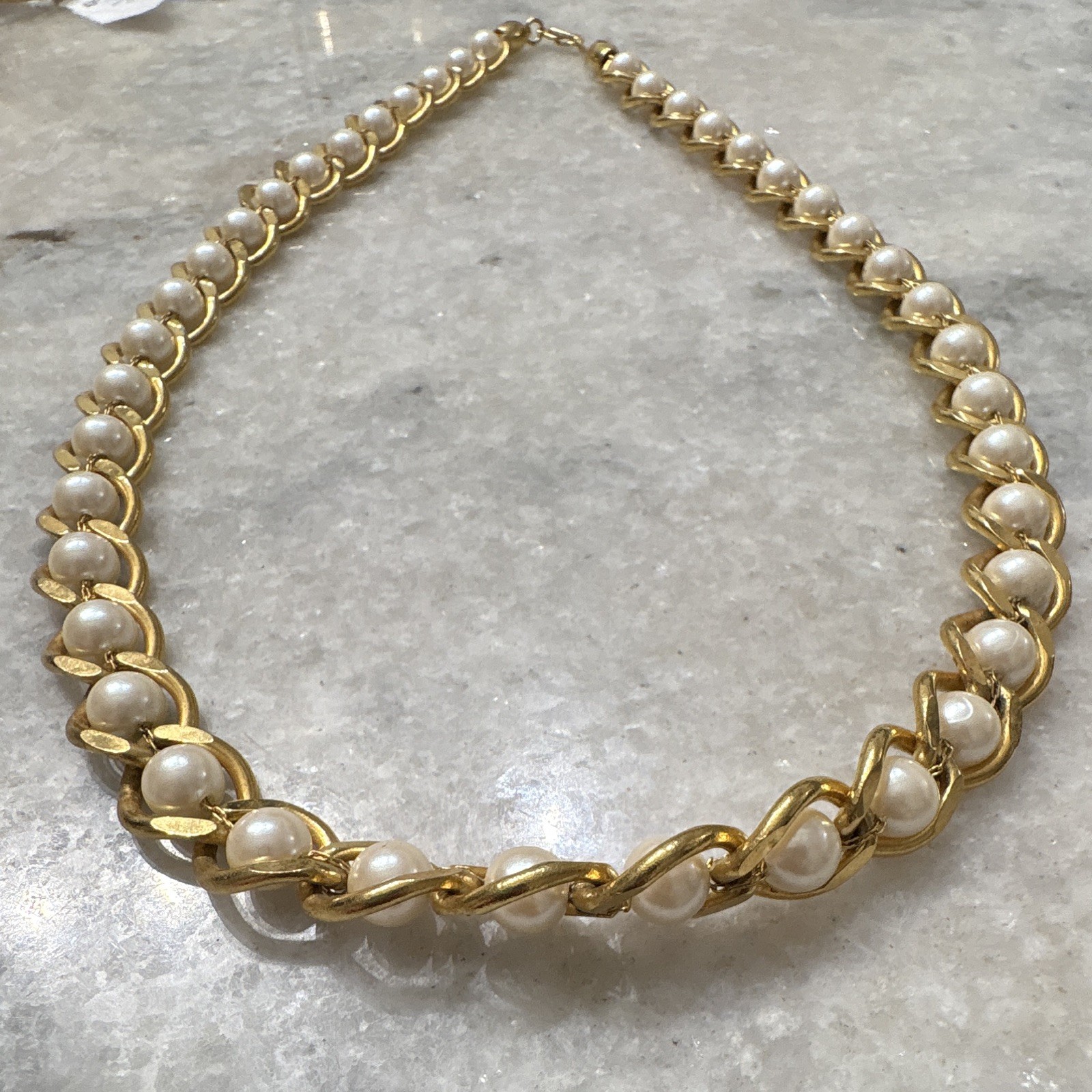 Gold Tone Pearl Link Chain Statement Necklace w/ Hook Closure, White