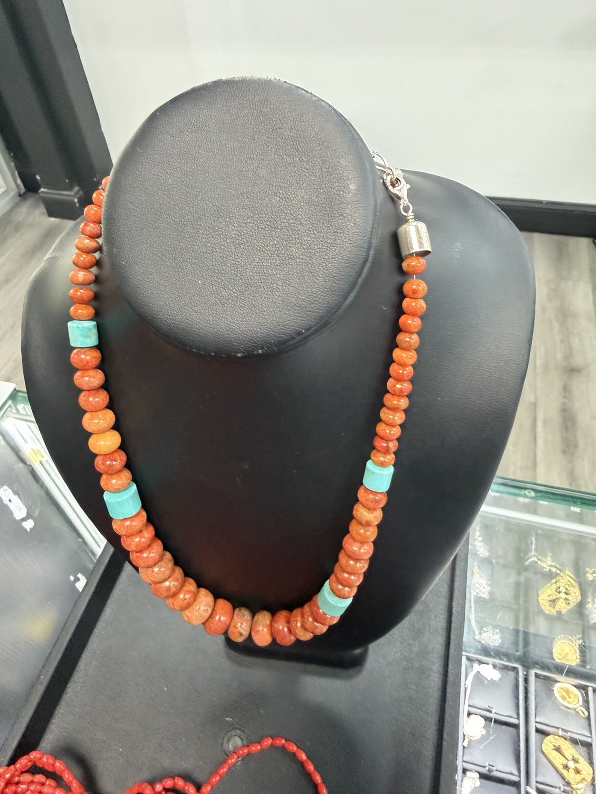 Sleeping Beauty Turquoise & Carnelian Style Necklace 925 Sterling Silver 22”