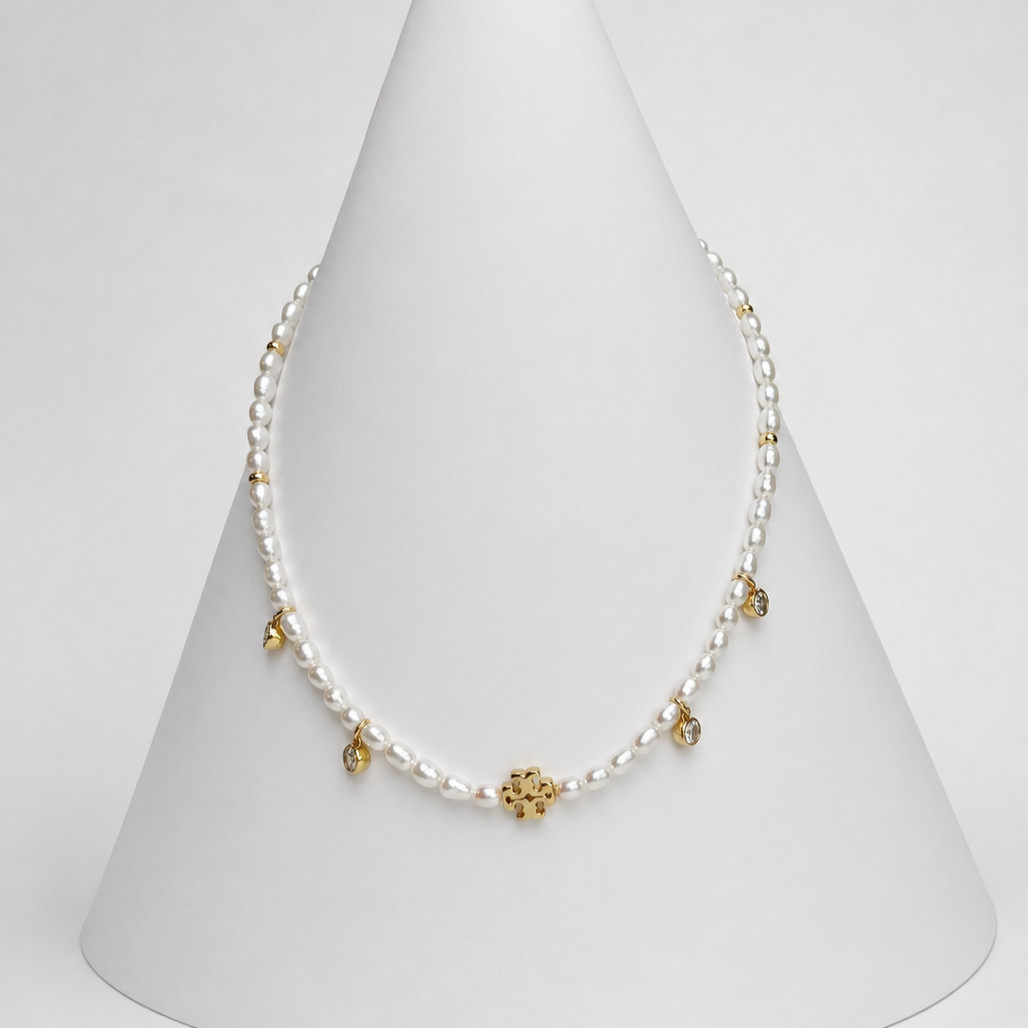 Tory Burch 18k Gold Bezel Crystal Charm Natural Pearl Adjustable Necklace NEW
