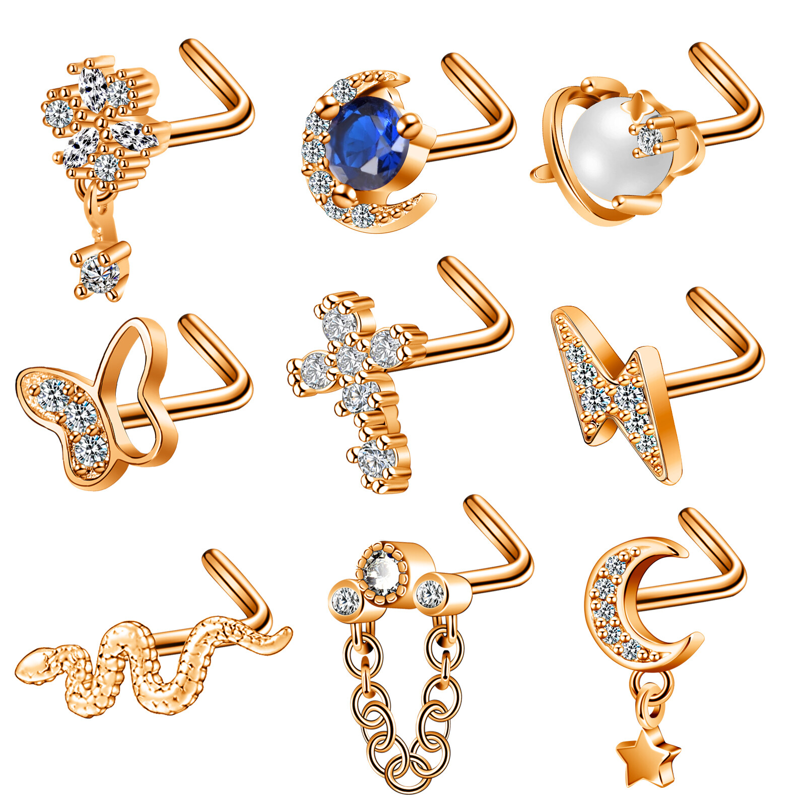 9 Pcs CZ L Bend Screw Bone Nose Studs Surgical Steel Pin Nose Ring 20G Piercing