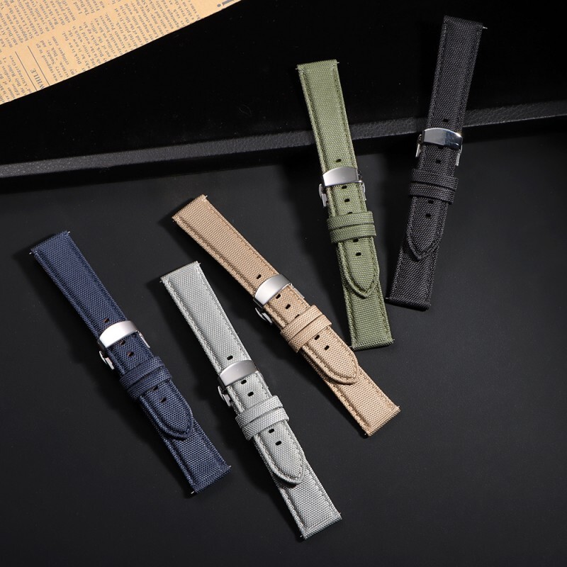 Butterfly Buckle Nylon Leather Watch Strap Canvas Quick Release Wrist Band 20 22
