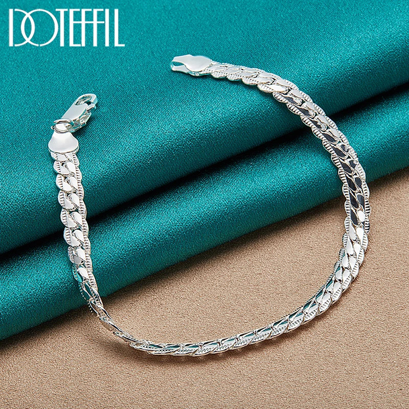 DOTEFFIL 925 Silver Bracelet 6mm 18/19/20cm Flat Side Chain Lobster Clasp