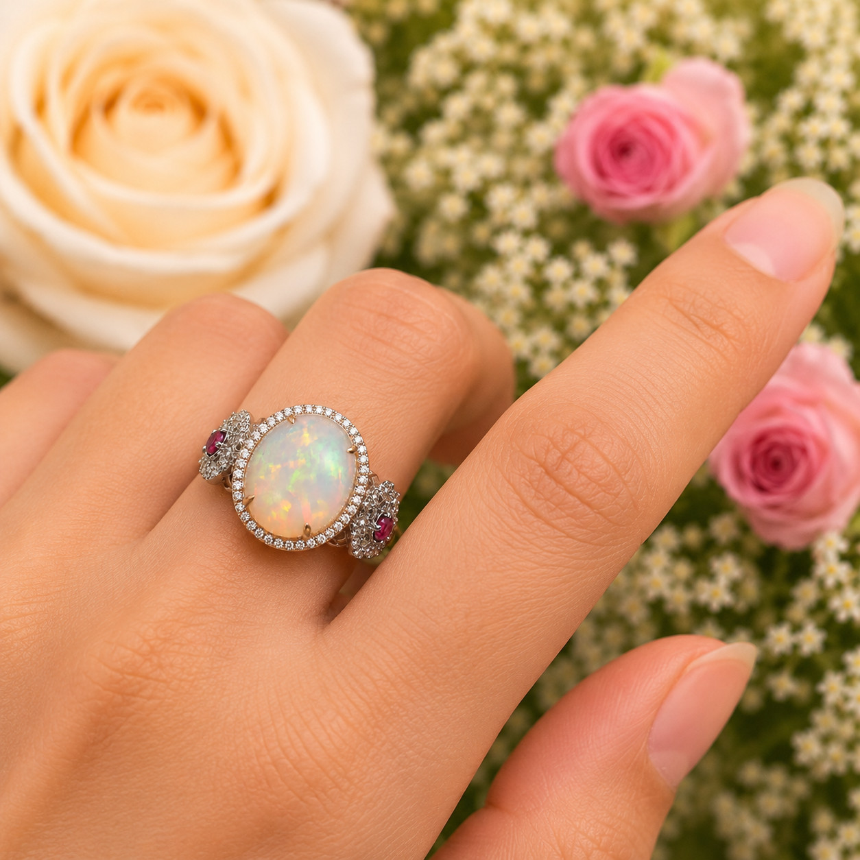 4Ct Oval Lab Created Fire Opal Halo Engagement Ring 14K White Gold Plated Silver