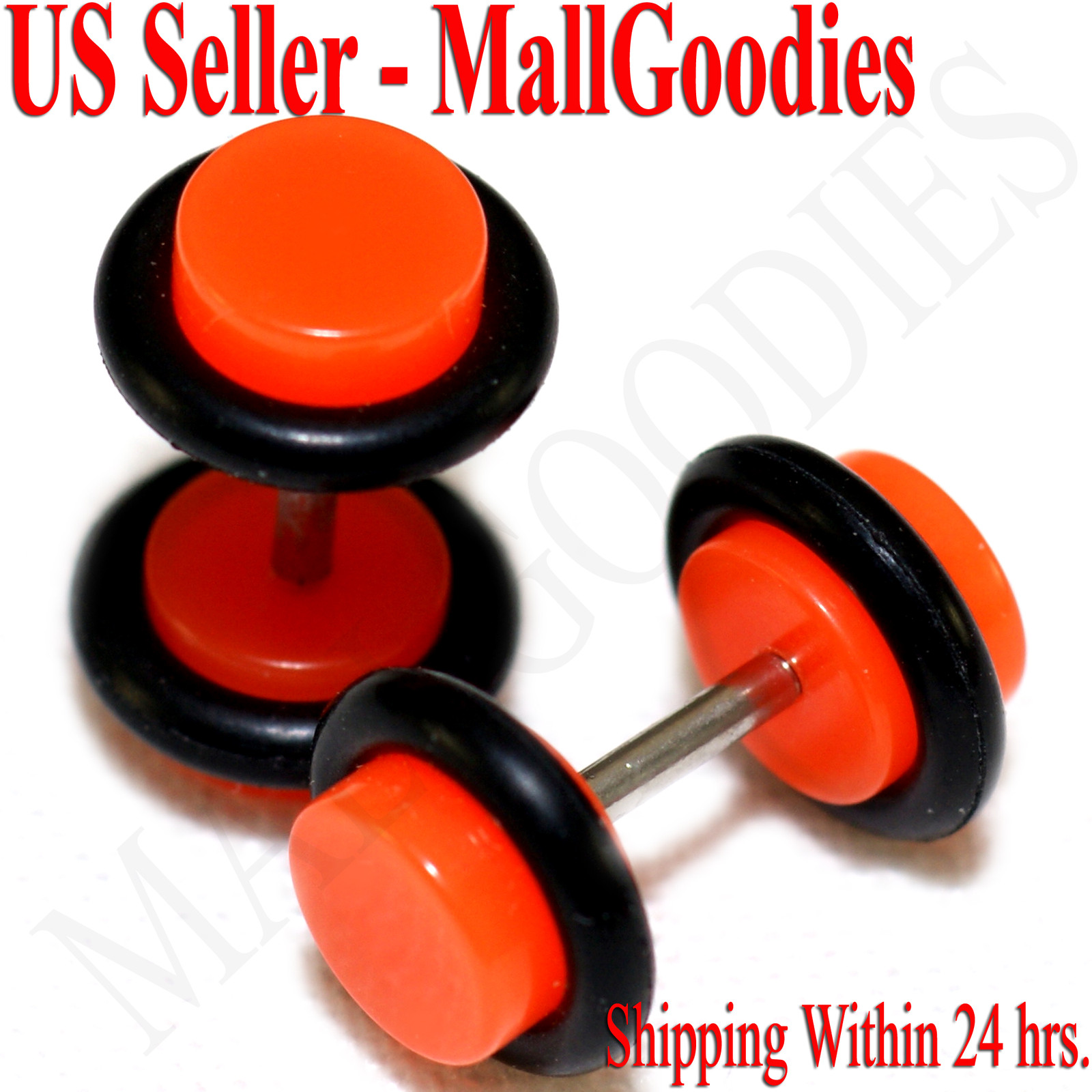 2068 Neon Orange Fake Cheater Illusion Faux Ear Plugs 16G Bar 2G = 6mm Look 2pcs