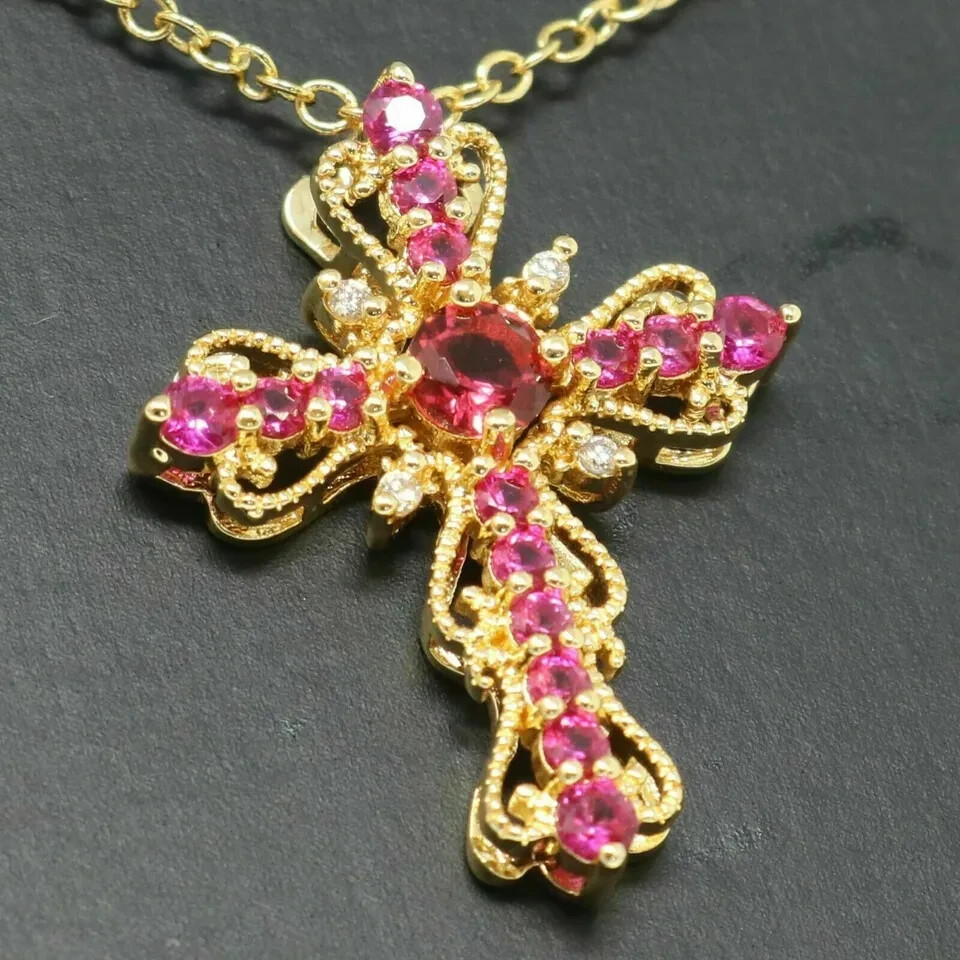 3Ct Round Cut Red Ruby Diamond Cross Pendant 14K Yellow Gold Over