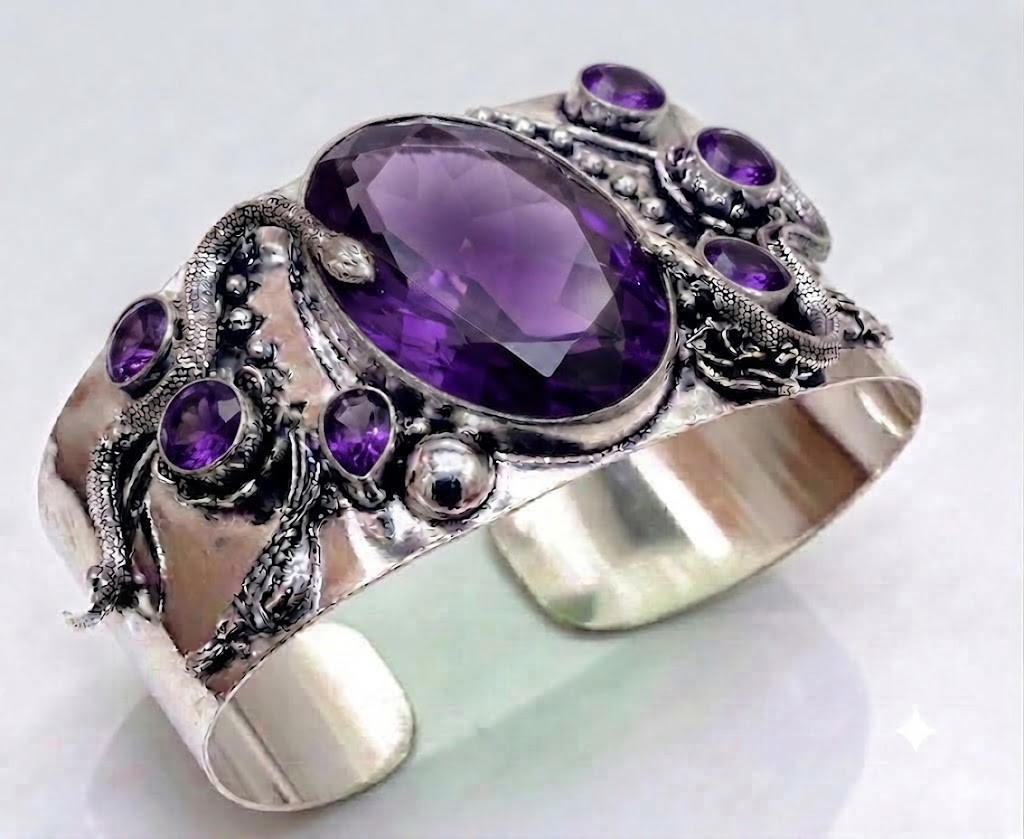 Purple Amethyst Cuff Bracelet 925 Sterling Silver Snake Handmade Jewelry S-ADJ